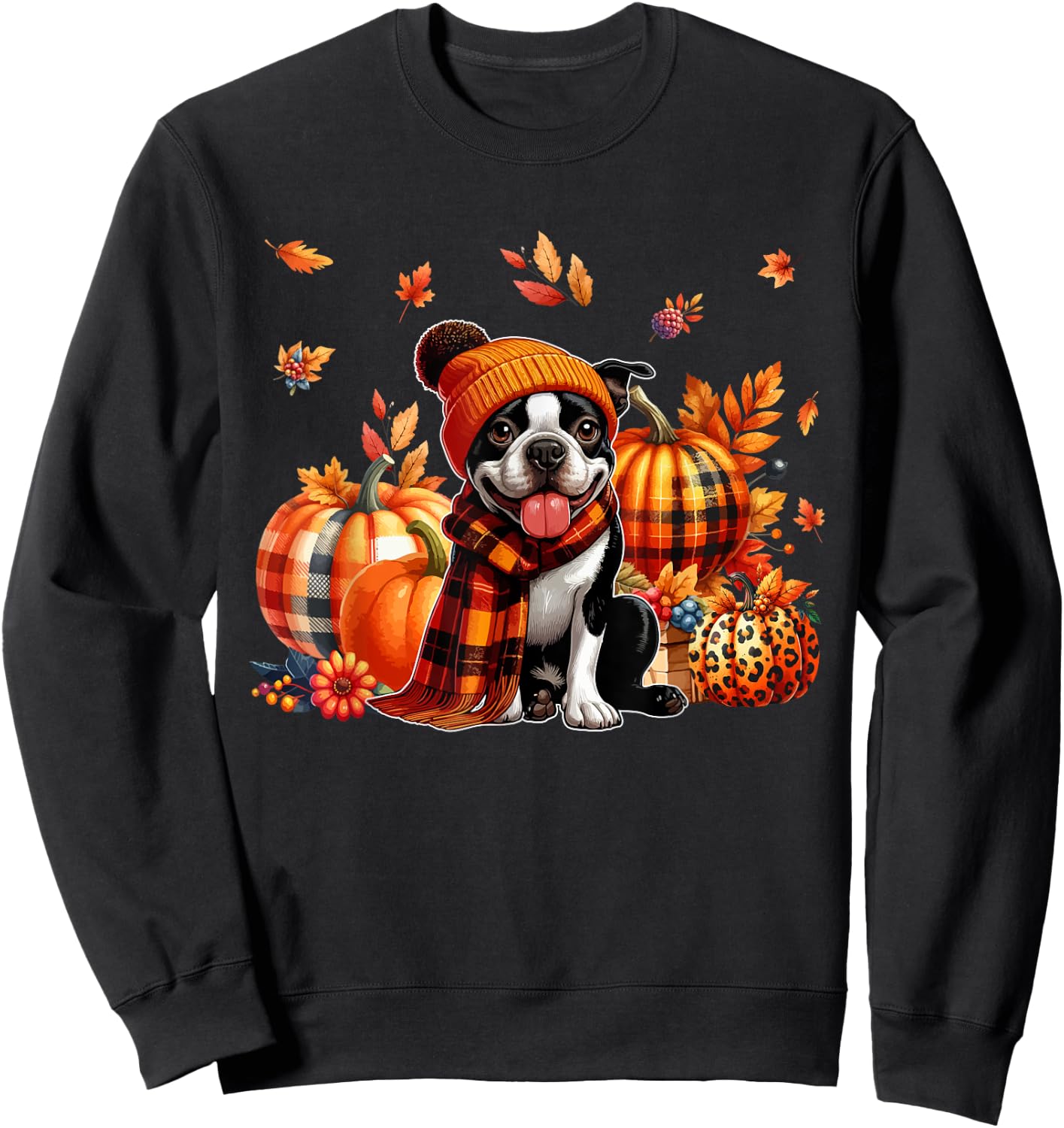 Boston Terrier Thanksgiving Leopard Pumpkins Fall Leaves Sweatshirt - Sweatshirt | Black