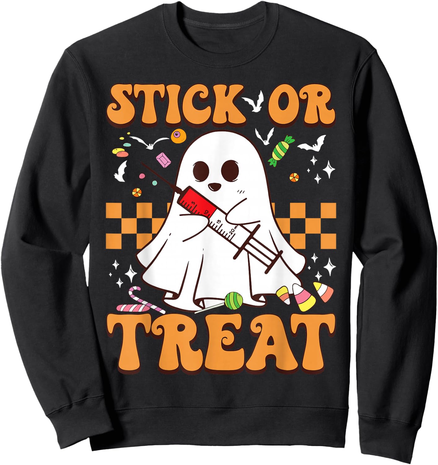 Retro Stick Or Treat Cute Ghost Nurse Phlebotomist Halloween Sweatshirt - Sweatshirt | Black