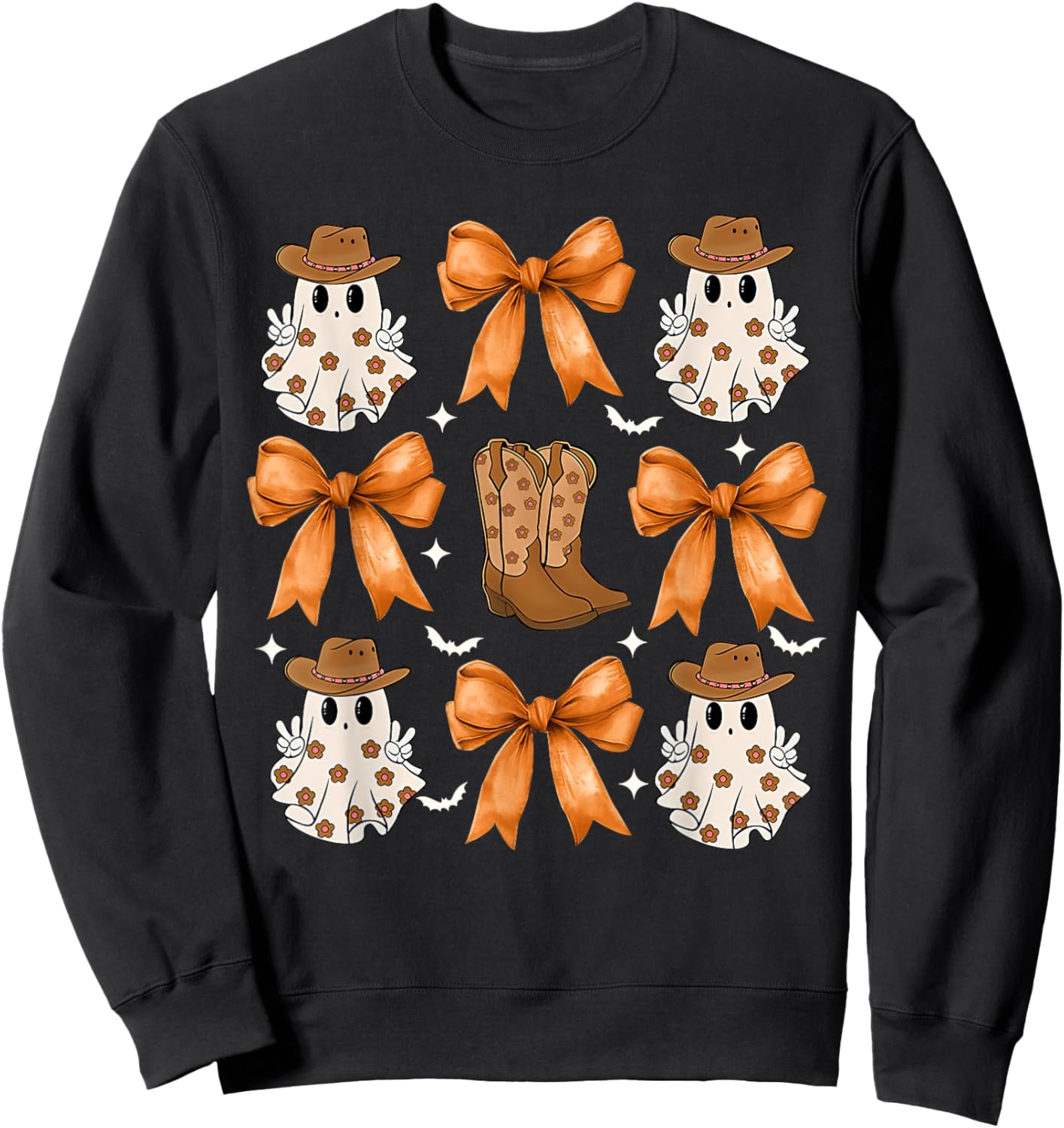 Coquette Bow Ghost Cowboy Western Spooky Season Halloween Sweatshirt - Sweatshirt | Black