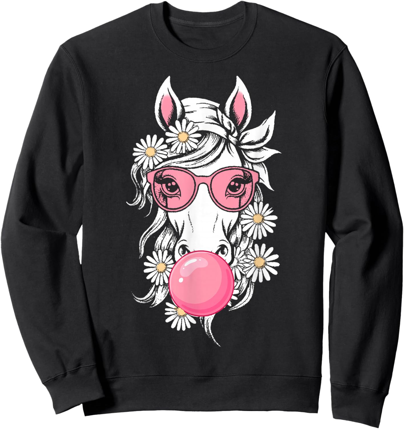 Horse with Pink Bandana and Bubble Gum Graphic Sweatshirt - Sweatshirt | Black