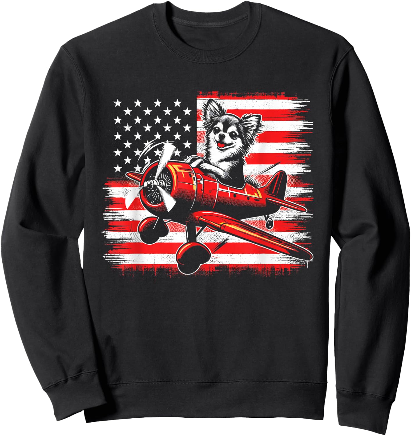 Chihuahua Pilot American Flag - Cute USA 4th July Dog Lover Sweatshirt - Sweatshirt | Black