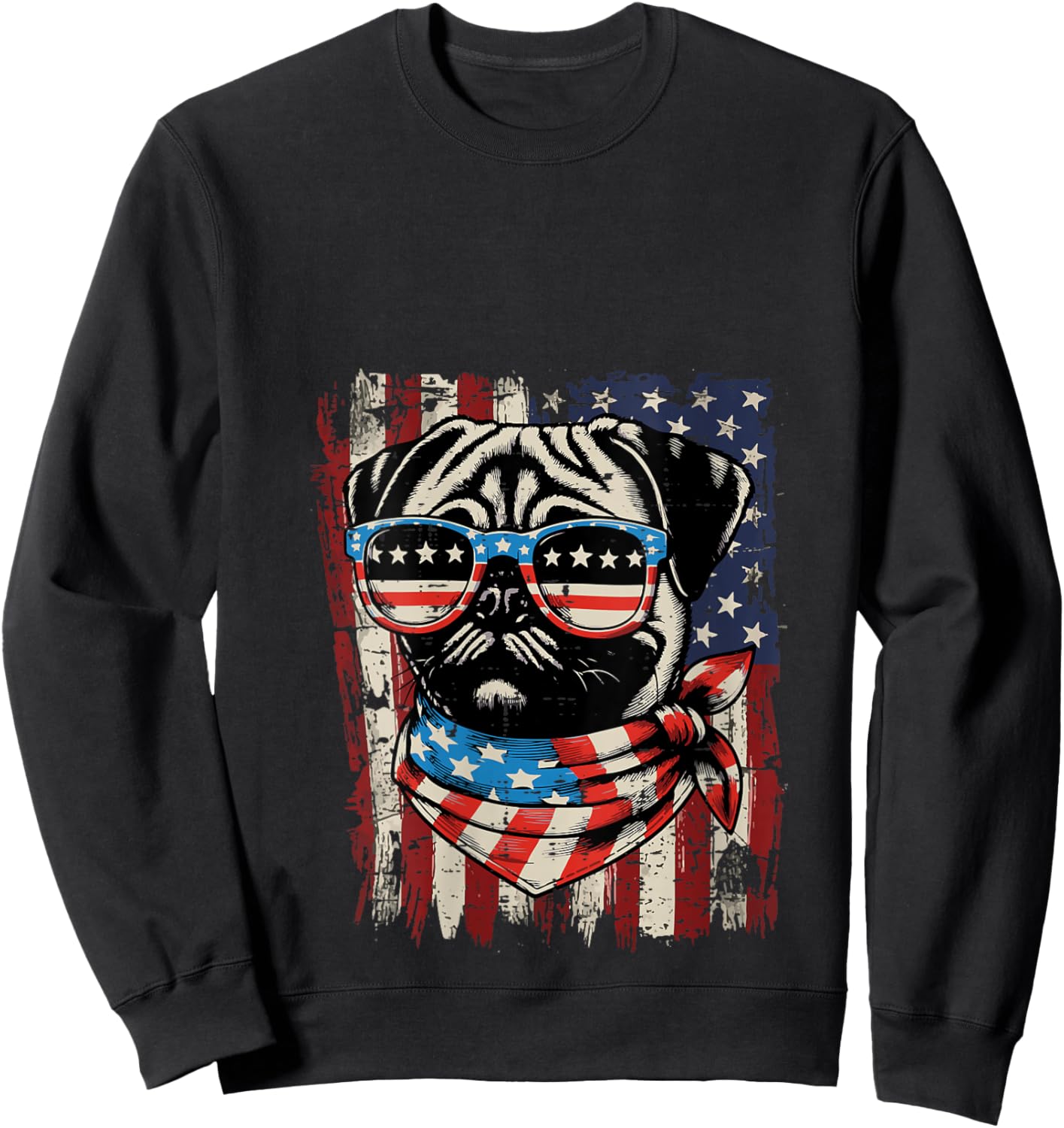 Women's 4th of July Dog Pug USA Flag Cute Patriotic Men Women Kids V-Neck Sweatshirt - Sweatshirt | Black