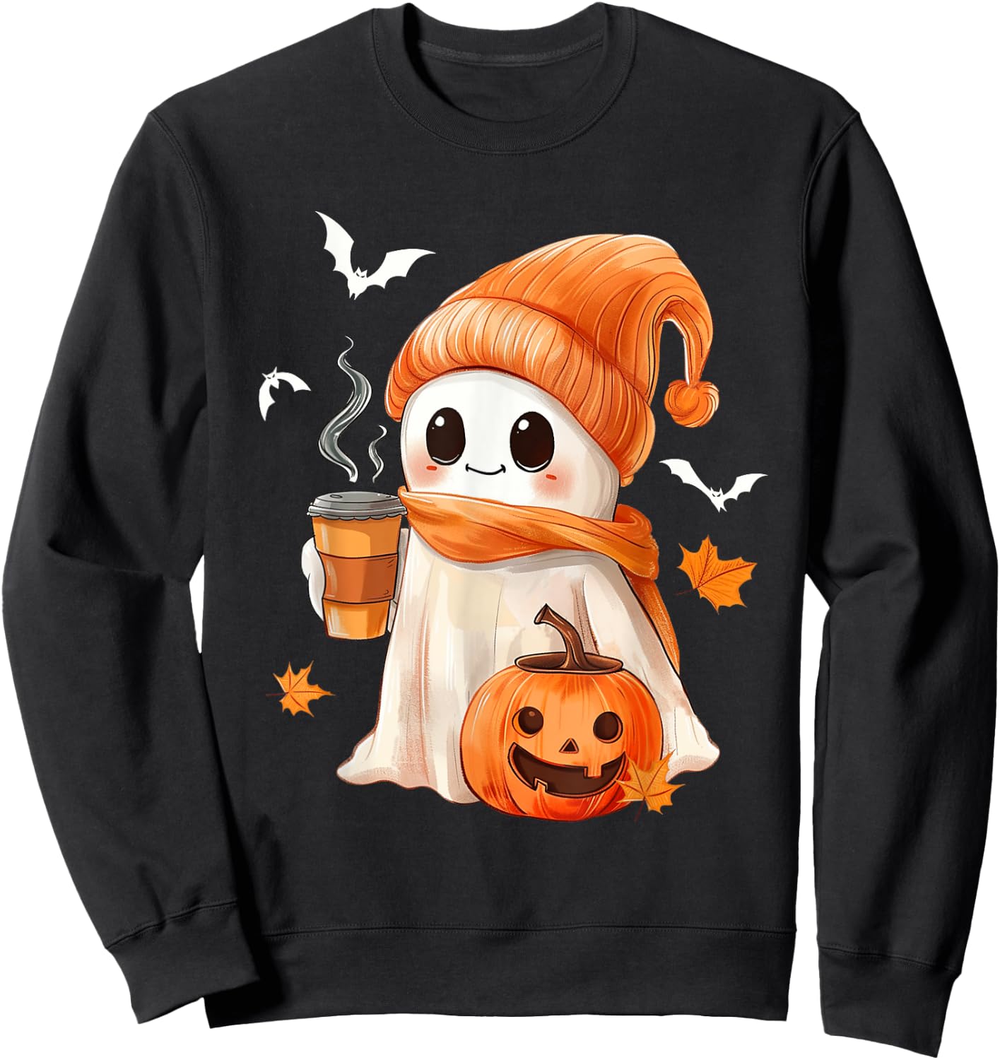 Cute Ghost Drinking Coffee Halloween Ghost Ice Coffee Sweatshirt - Sweatshirt | Black