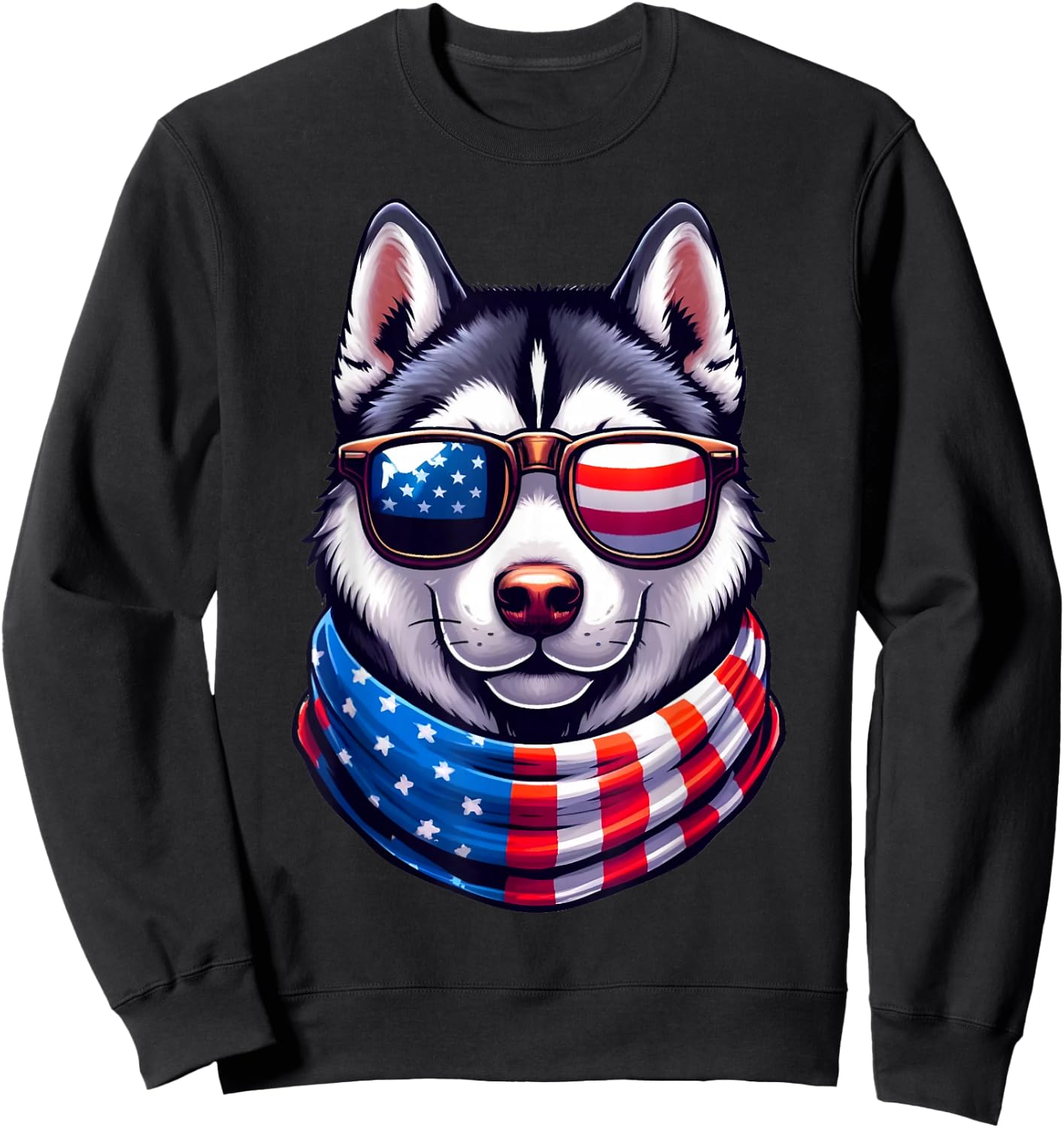 Siberian Husky USA Flag Sunglasses 4th of July Patriotic Dog Sweatshirt - Sweatshirt | Black