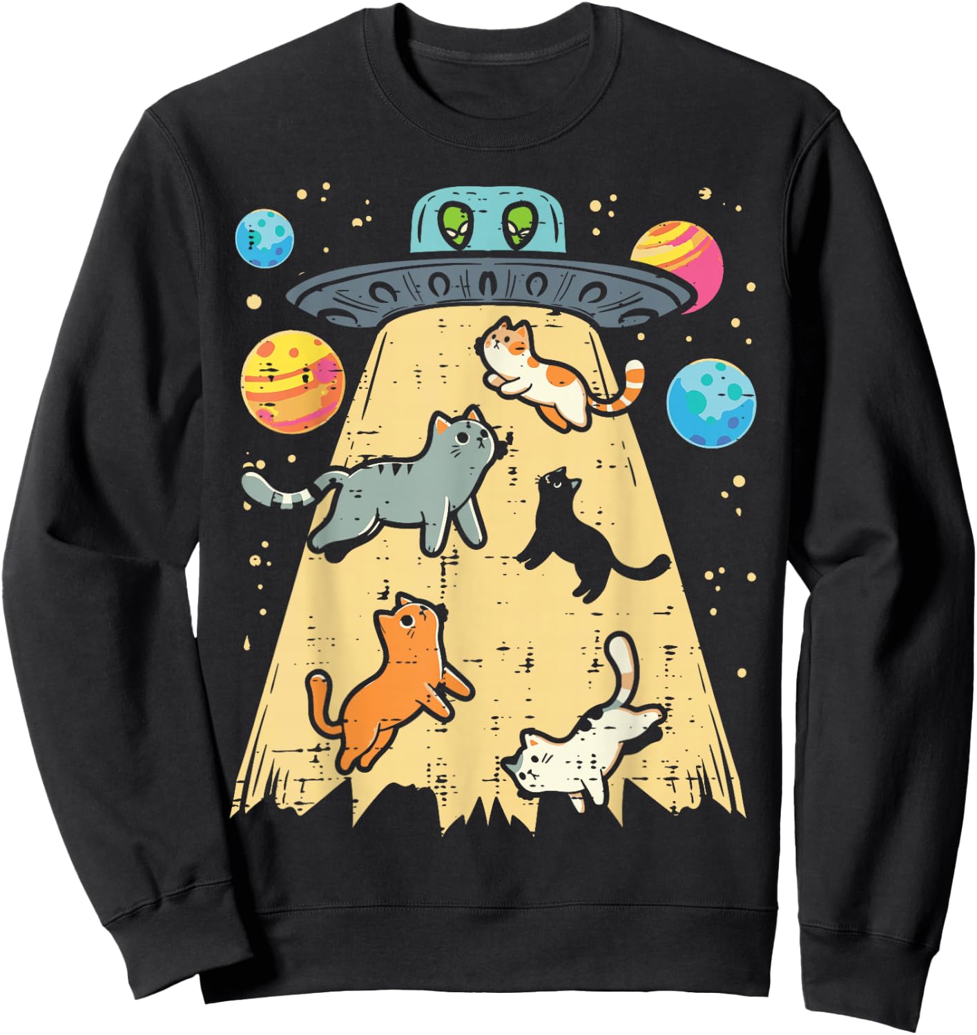 Alien Abduction Cats UFO Flying Saucer Space Women Girls Kid Sweatshirt - Sweatshirt | Black