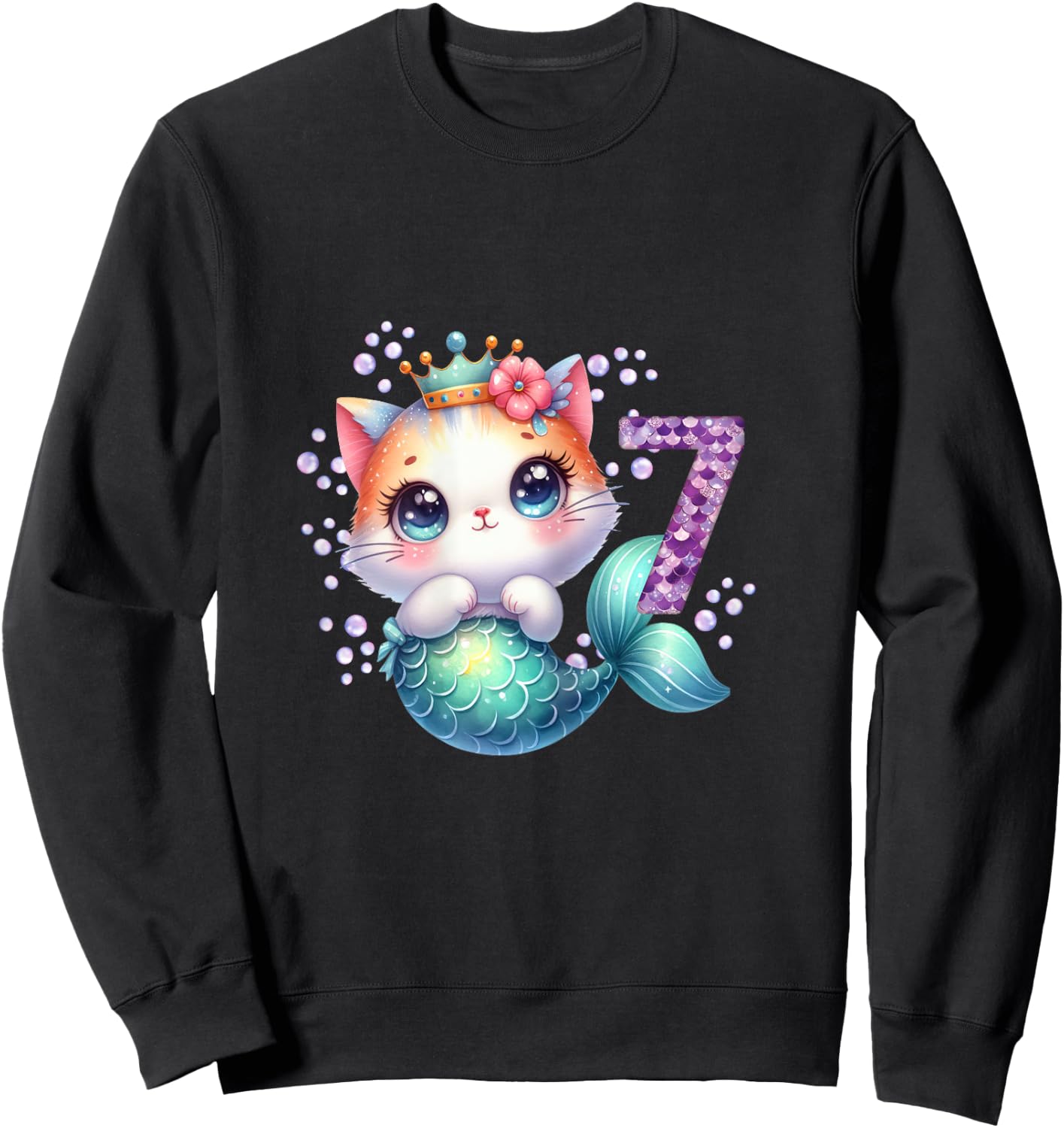 Cat Mermaid 7th Birthday 7 Year Old Party Girls Outfit Sweatshirt - Sweatshirt | Black