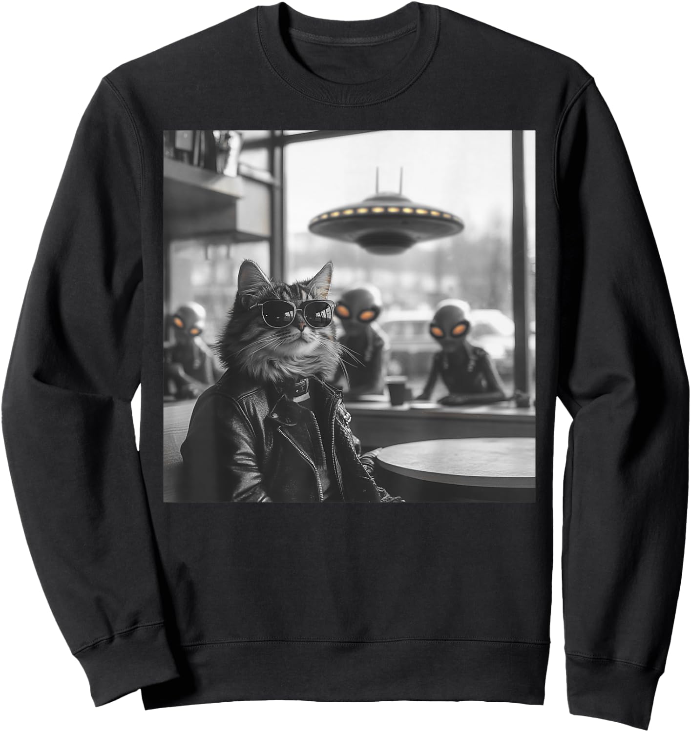 Cat in a Coffee Shop with Aliens and UFO Sweatshirt - Sweatshirt | Black