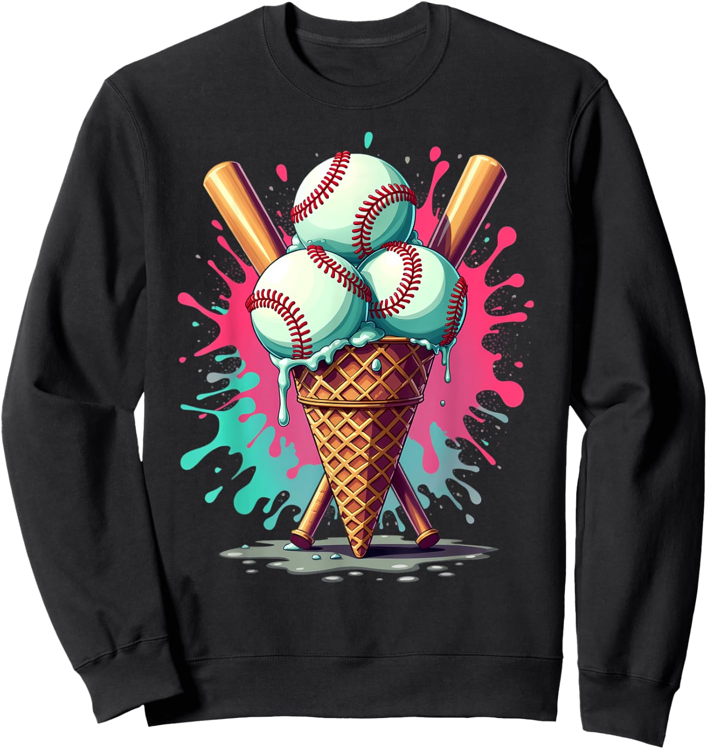 Baseball Ice Cream Watercolor Sports Lover Ice Cream Cone Sweatshirt - Sweatshirt | Black