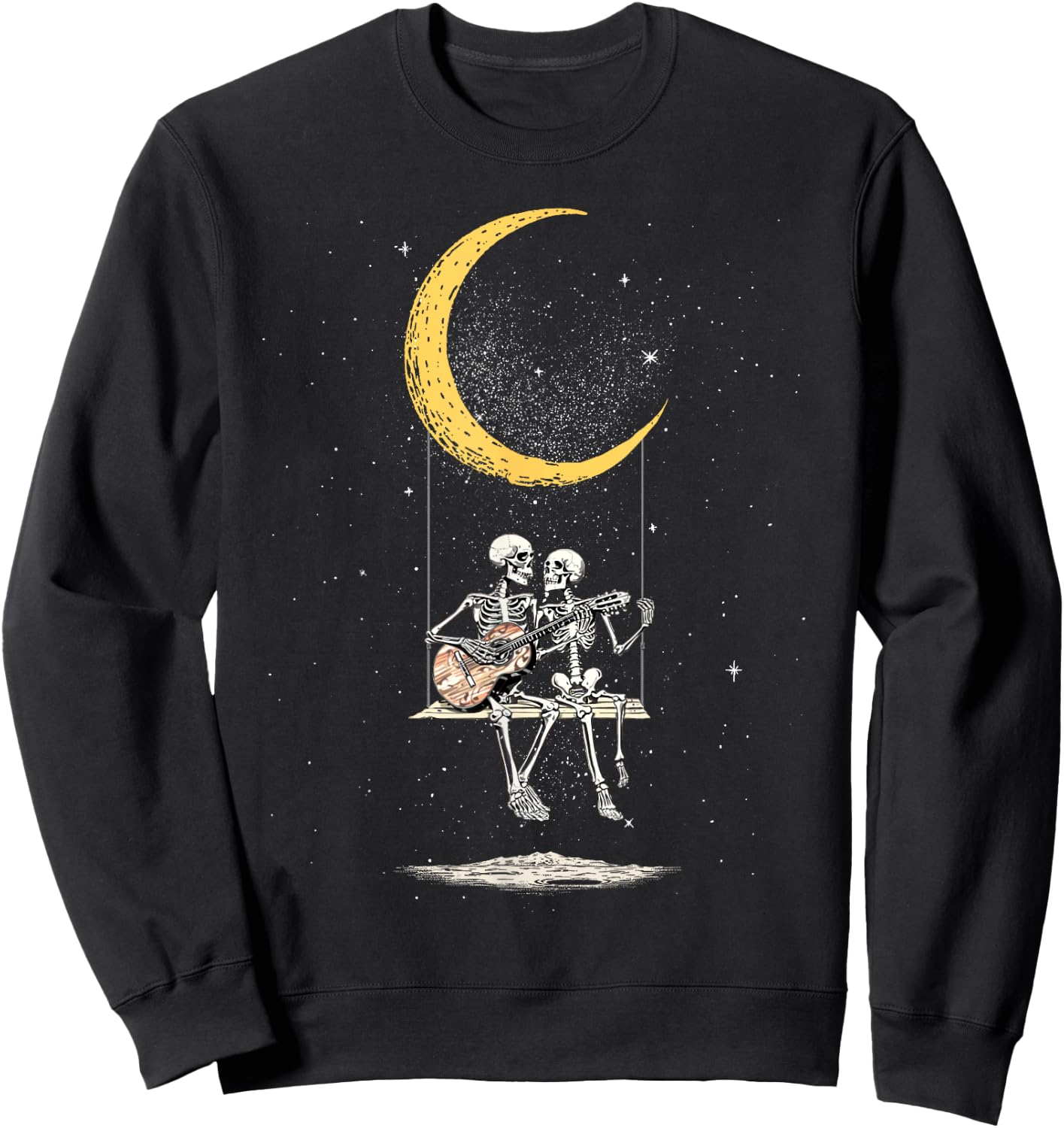 Skeleton Couple Matching Moon Swing Guitar Lover Halloween Sweatshirt - Sweatshirt | Black