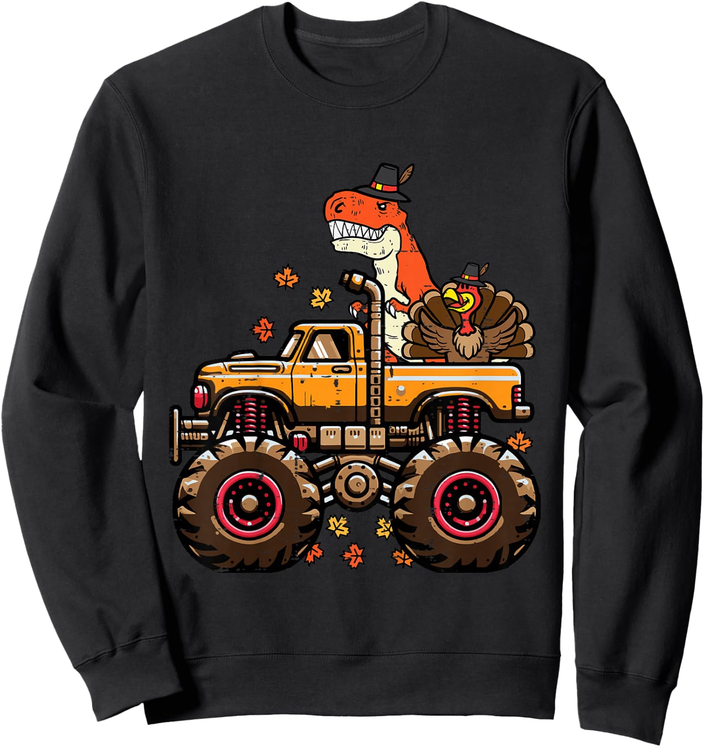 Kids Thanksgiving Dino Monster Truck Trex Fall Boys Kids Toddler Sweatshirt - Sweatshirt | Black