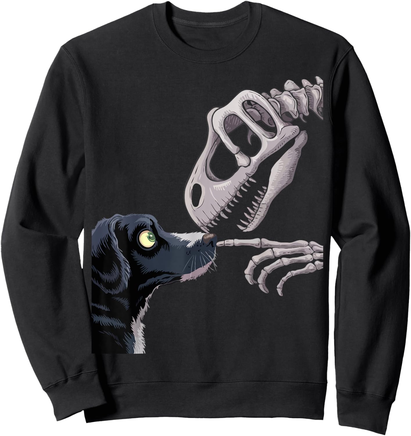 Cute Dog and Dinosaur Skull Funny Fossil Encounter Design Men Women Kids Sweatshirt - Sweatshirt | Black