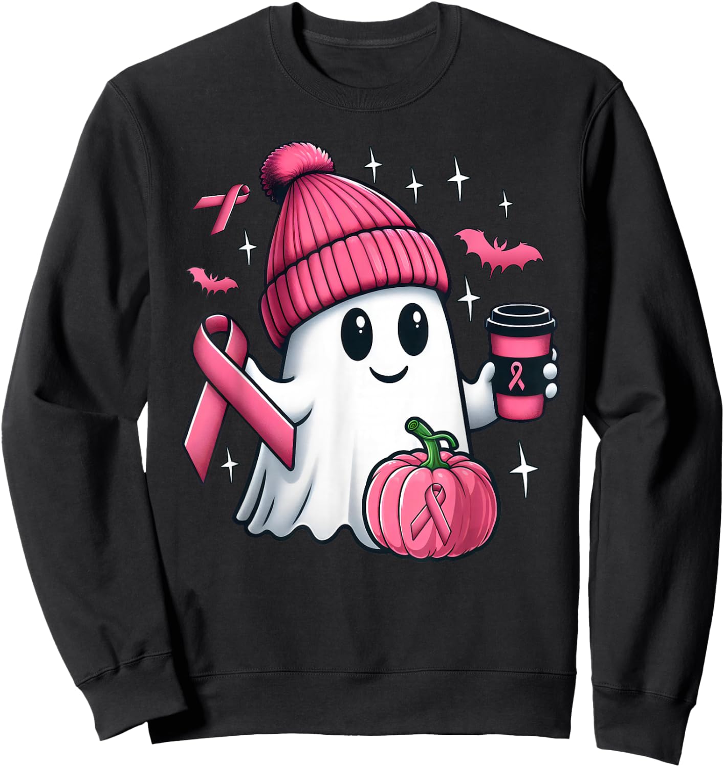 Cute Ghost Drinking Coffee Halloween Breast Cancer Awareness Sweatshirt - Sweatshirt | Black