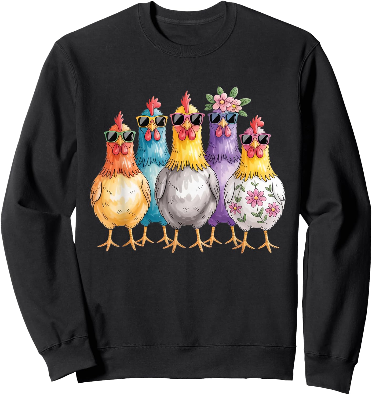 Colorful Cool Chickens Sunglasse Retro Chicken Floral Farm Sweatshirt - Sweatshirt | Black