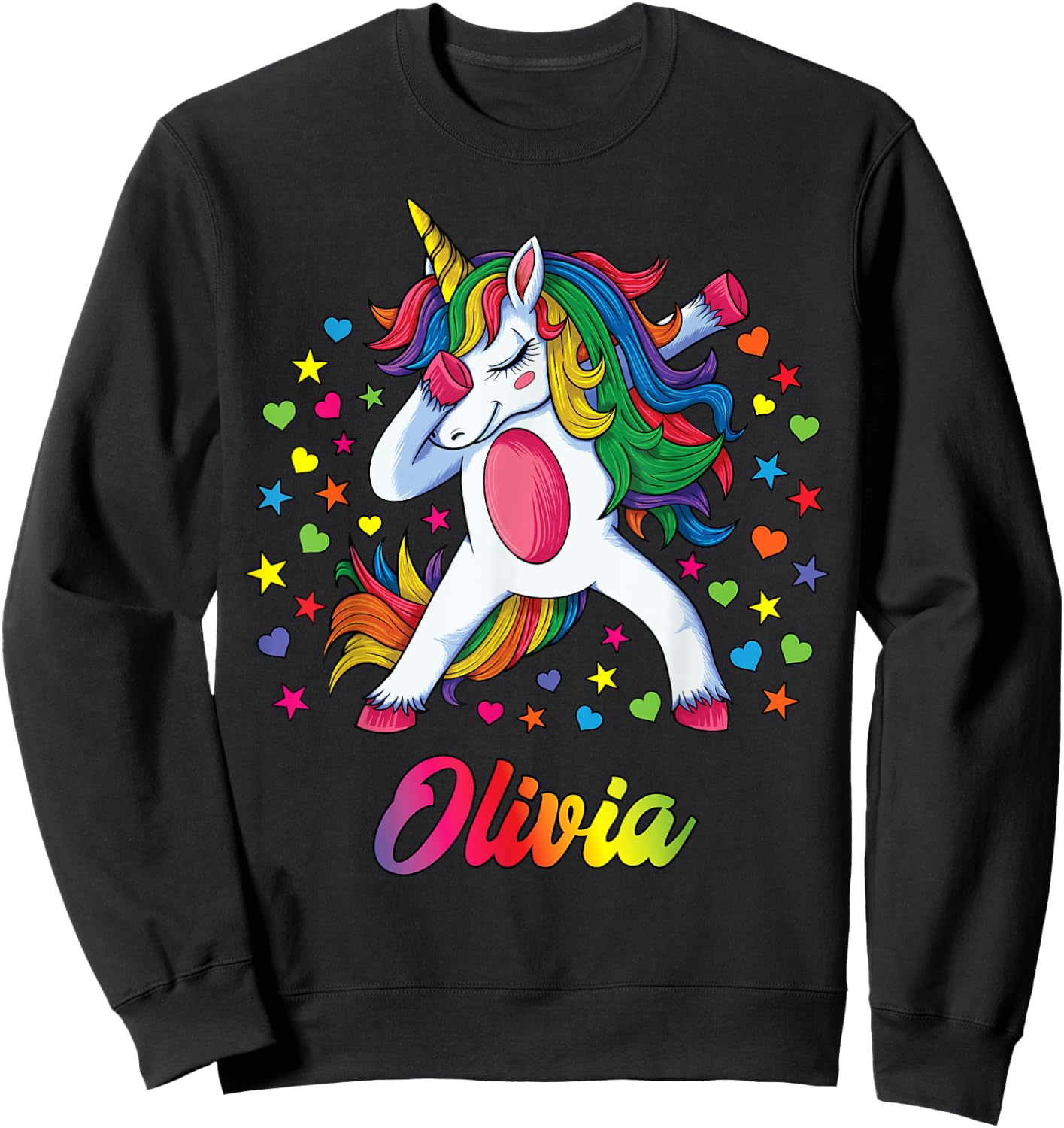 Olivia Dabbing Unicorn Rainbow Personalized Name Custom Sweatshirt - Sweatshirt | Black
