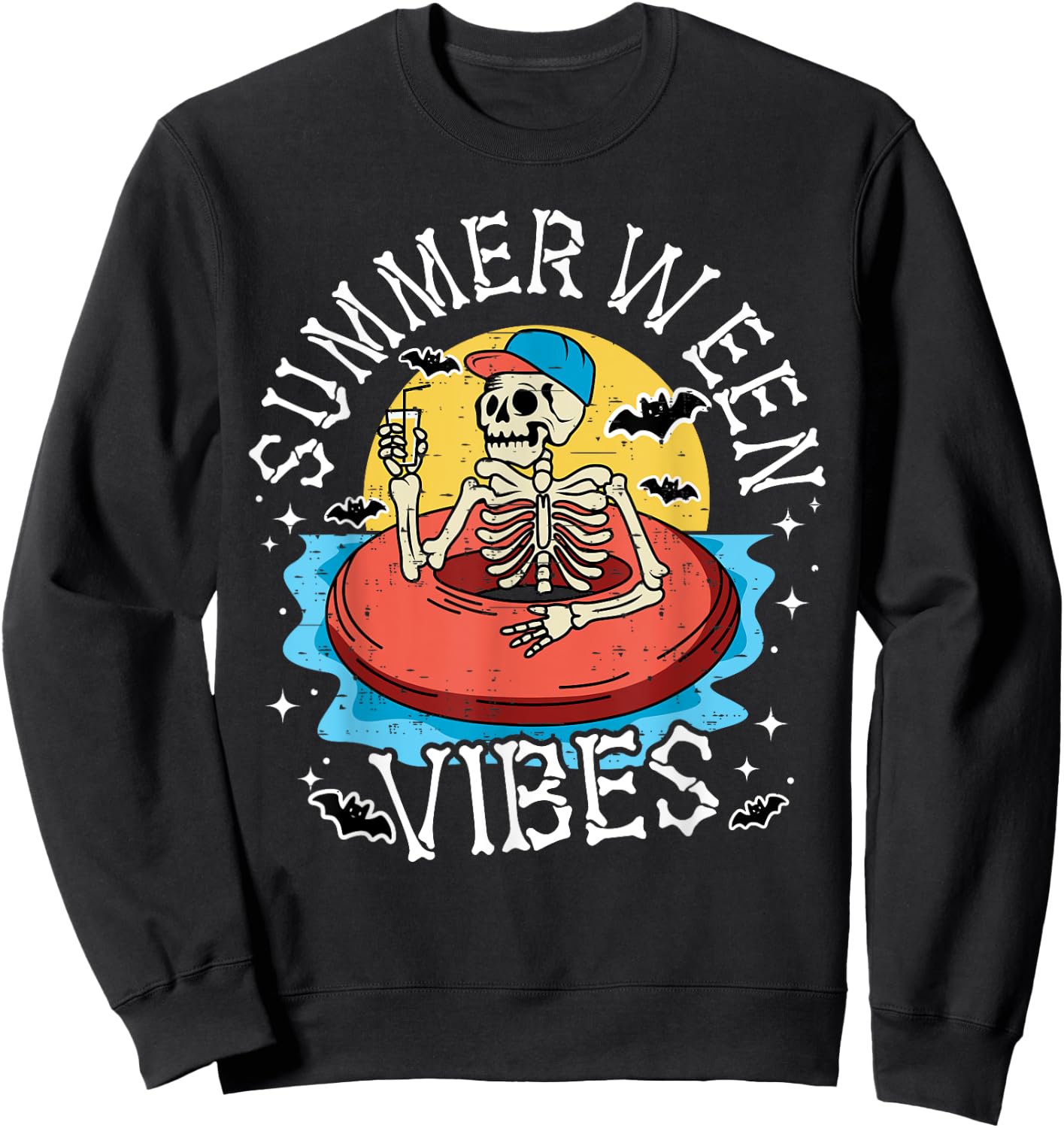 Summerween Vibes Skeleton Float Summer Halloween Women Kids Sweatshirt - Sweatshirt | Black
