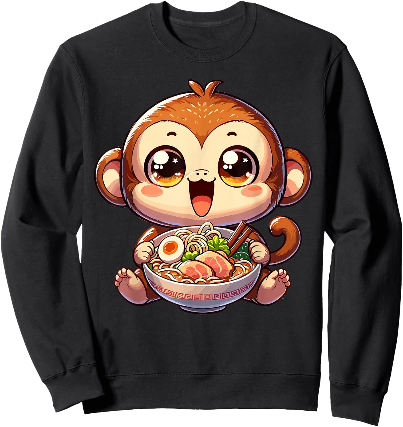 Cute Youth Monkey Kawaii Eating Ramen Japanese Food Sweatshirt - Sweatshirt | Black