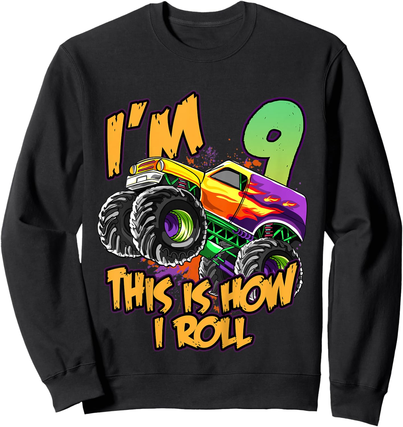 Kids 9th Birthday Boys Monster Truck 9 Year Old Race Car Party Sweatshirt - Sweatshirt | Black