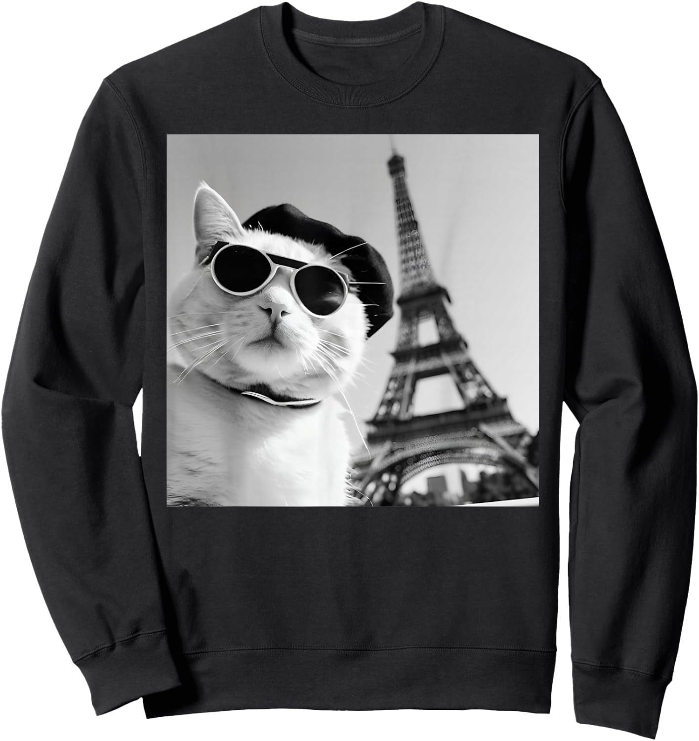 Funny Cat Wearing Sunglasses At The Eiffel Tower in France Sweatshirt - Sweatshirt | Black
