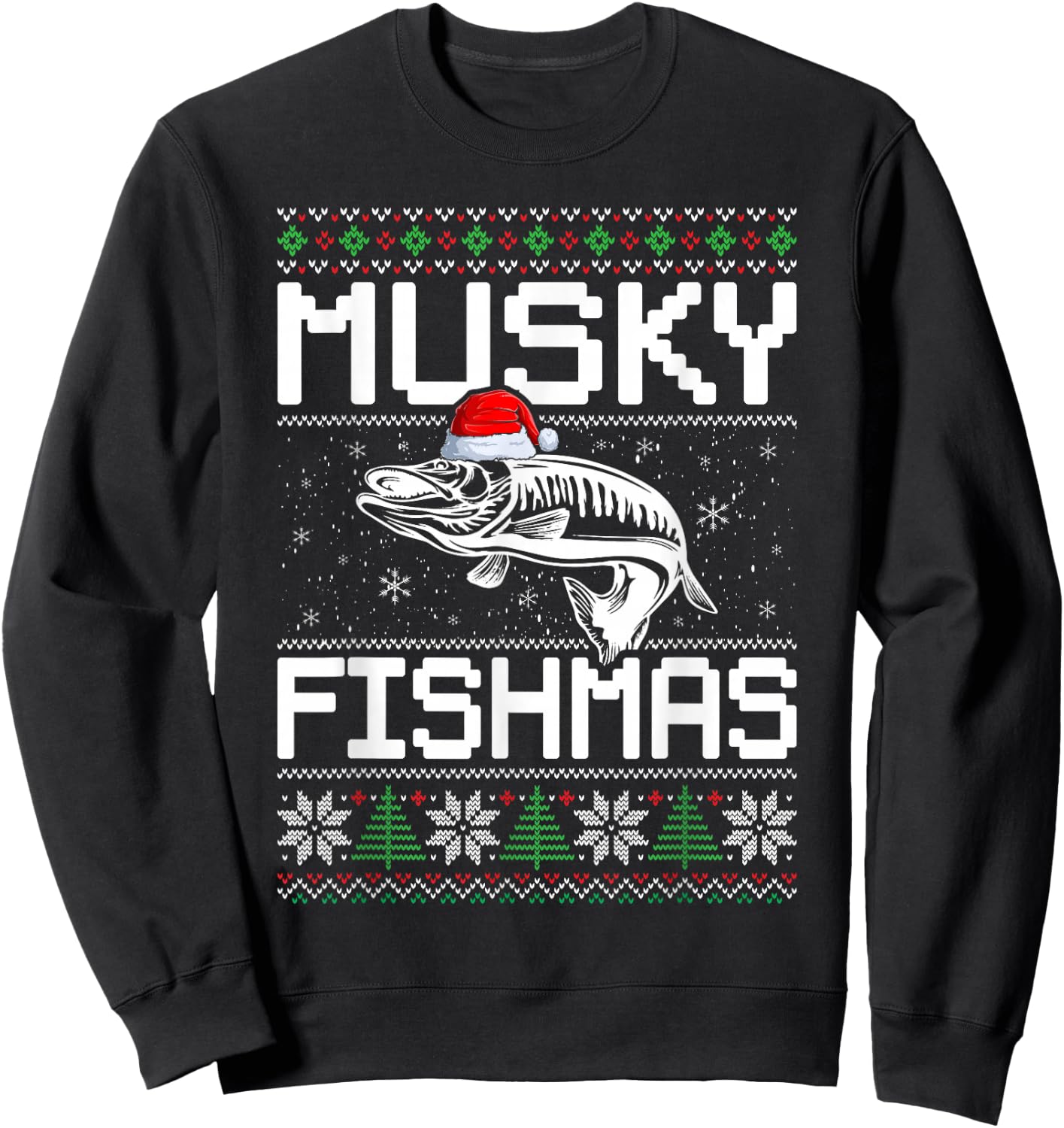 Muskie Angler Fishmas Musky Fishing Ugly Christmas Sweatshirt - Sweatshirt | Black