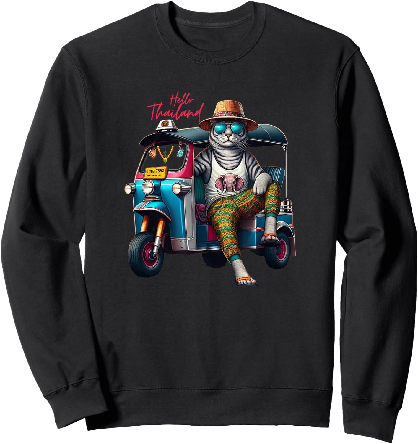 Hello Thailand Cool cat wear elephant Pants on Thai TukTuk Sweatshirt - Sweatshirt | Black