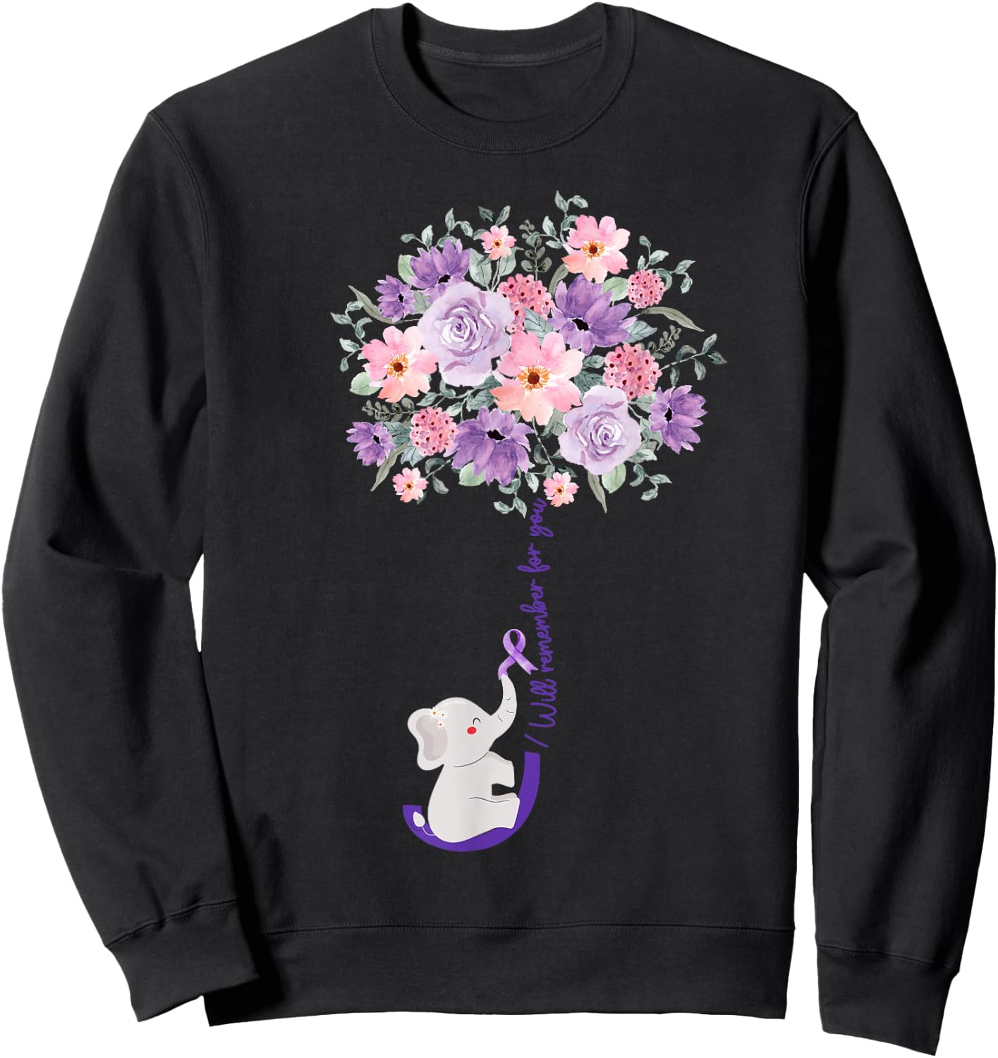 Elephant I Will Remember For You purple Sunflower Alzheimer Sweatshirt - Sweatshirt | Black