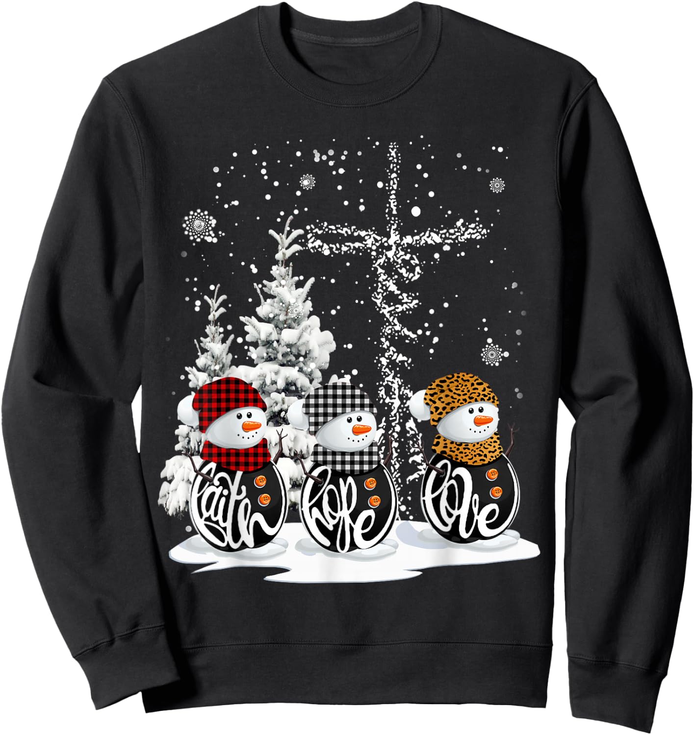 Funny Christmas 2025 Faith Hope Love Snowman Christian Cross Sweatshirt - Sweatshirt | Black