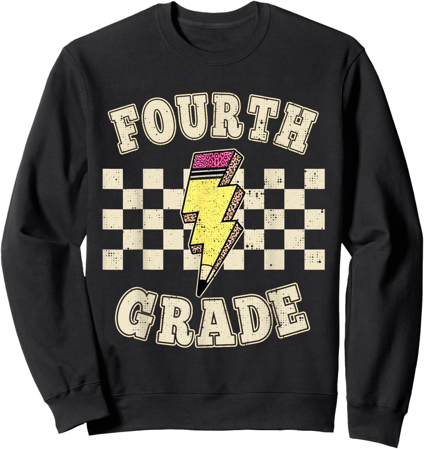 Retro 4th Fourth Grade Teacher Lightning Bolt Pencil Teacher Sweatshirt - Sweatshirt | Black