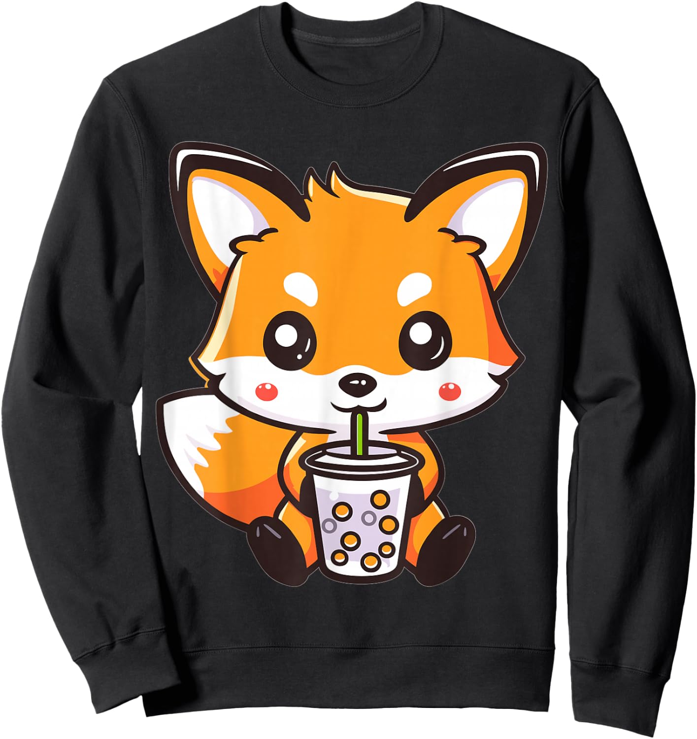 Kawaii Fox Drinking Bubble Tea Boba Anime Cute Graphic Sweatshirt - Sweatshirt | Black