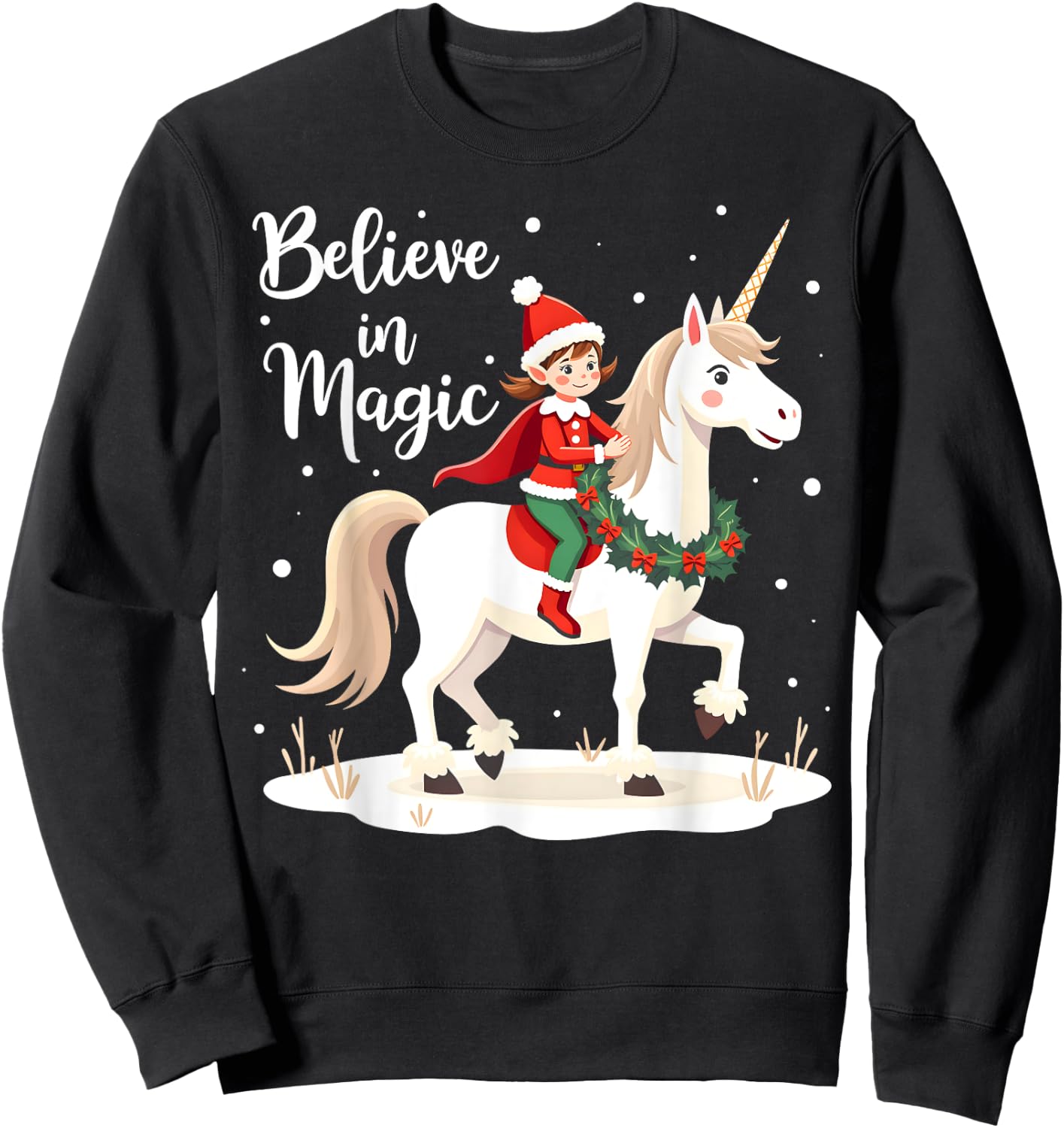 Believe in Magic Christmas Elf Riding Festive Unicorn Sweatshirt - Sweatshirt | Black