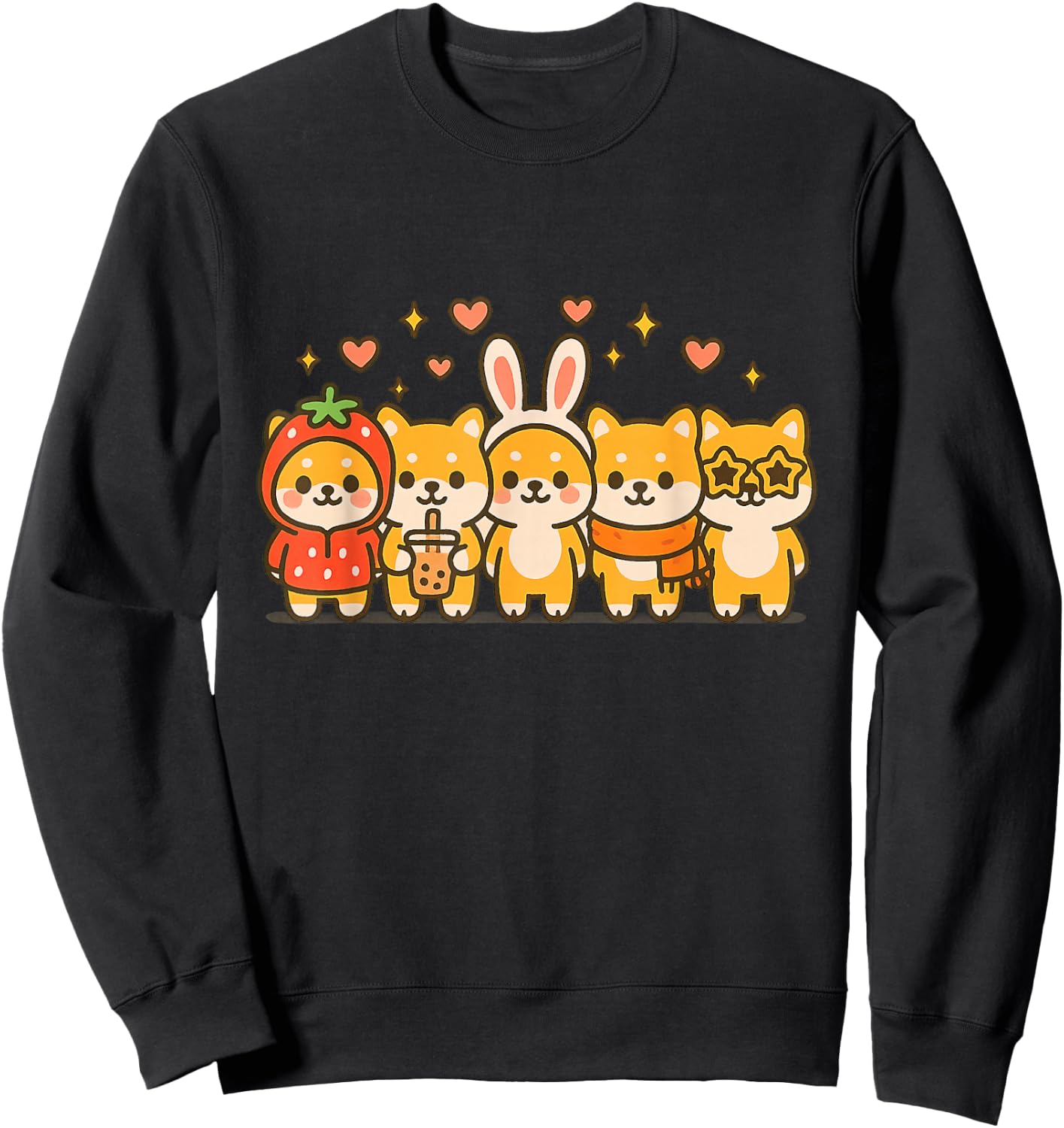 Kawaii Shiba Inu Squad Cute Strawberry Bunny Boba Dog Art Sweatshirt - Sweatshirt | Black