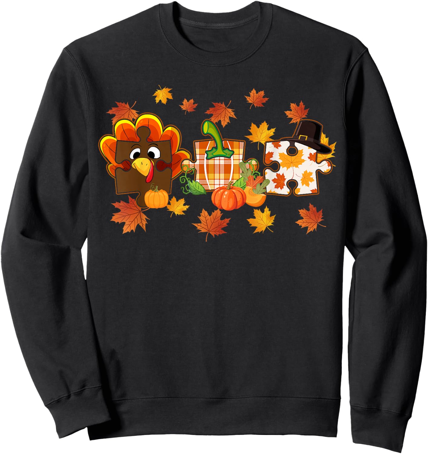 Cute Turkey Autism Awareness Puzzle Pumpkin for Thanksgiving Sweatshirt - Sweatshirt | Black