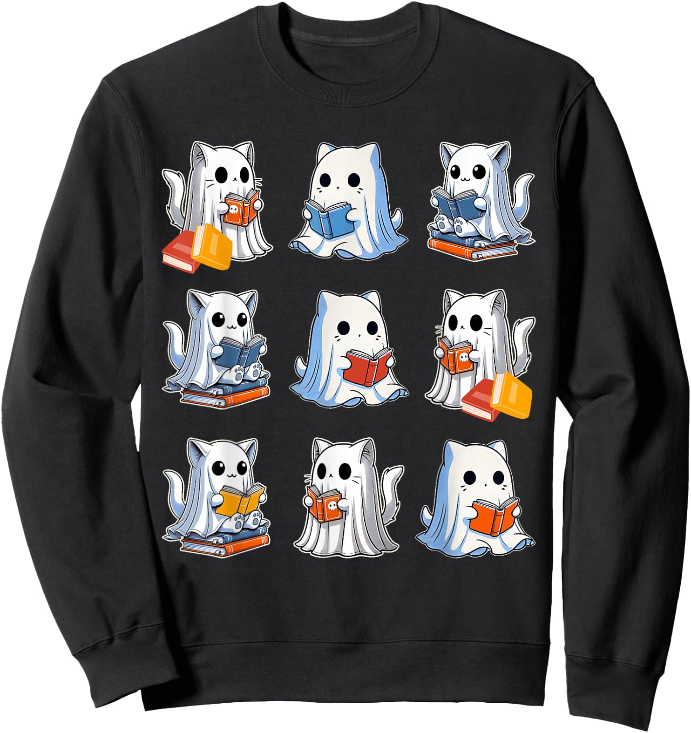 Funny Cats Reading Halloween Cute Cats Ghosts Reading Books Sweatshirt - Sweatshirt | Black