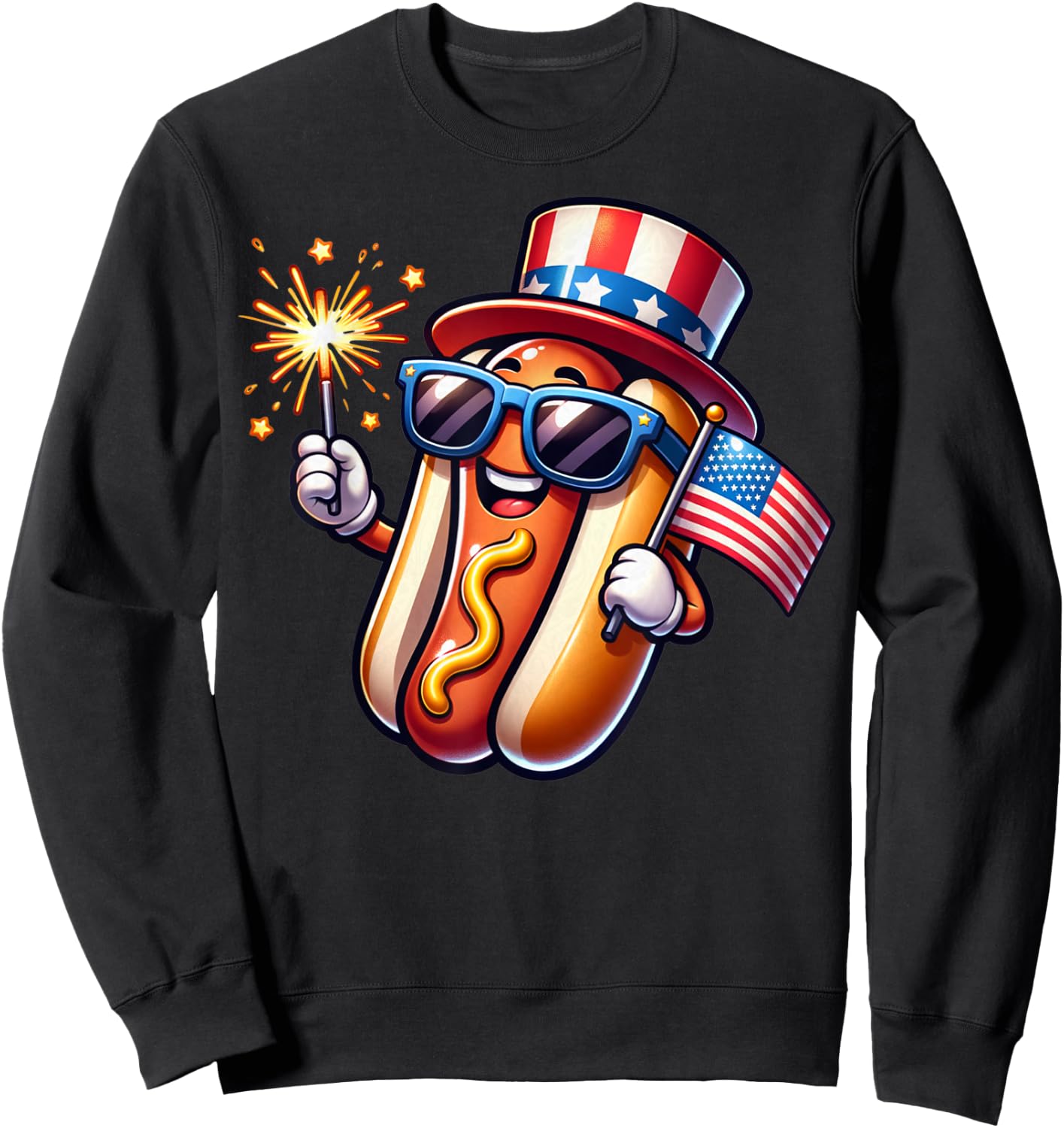 4th of July Sparkler Hotdog Funny Patriotic Flag Sweatshirt - Sweatshirt | Black