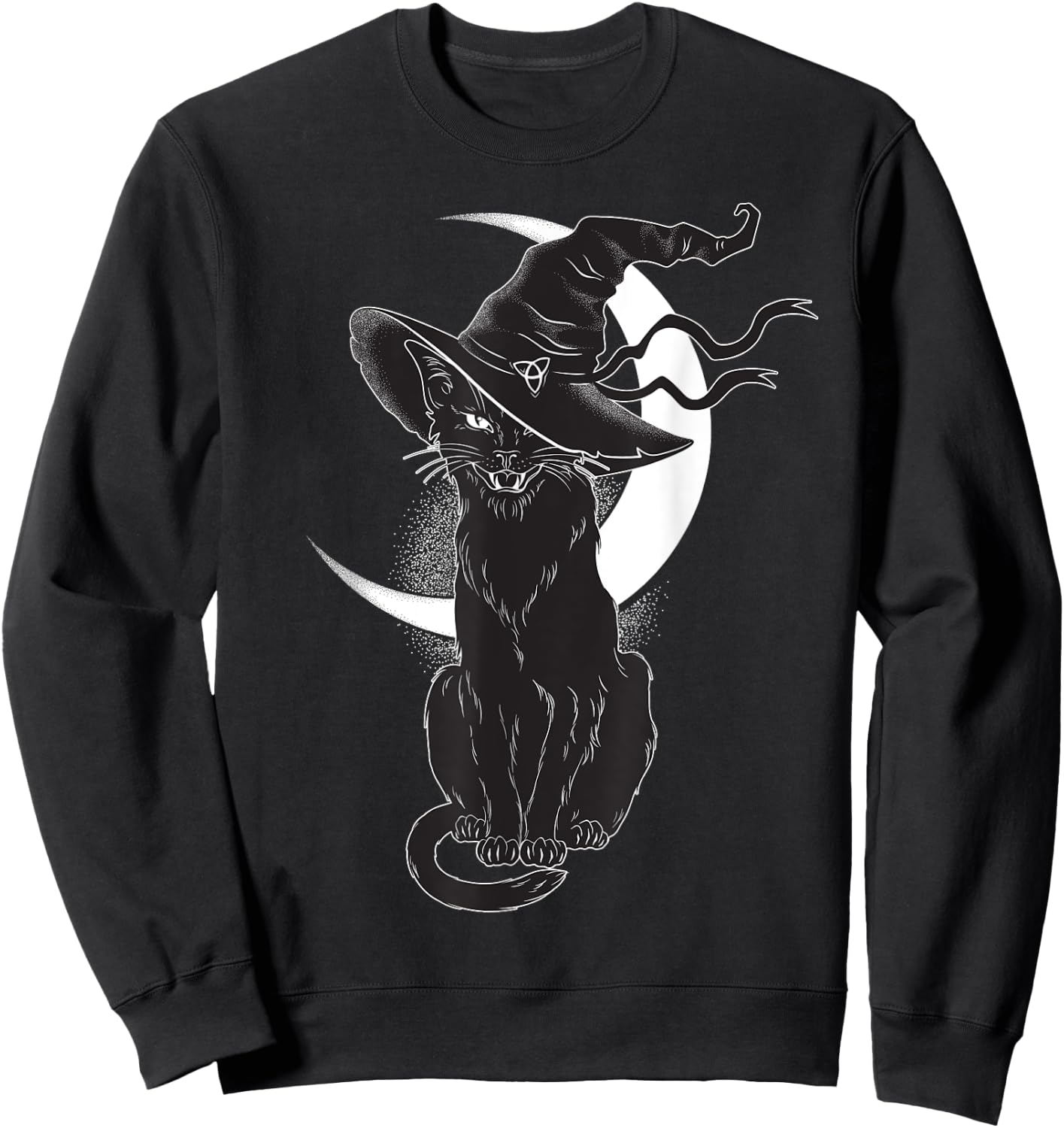 Vintage Scary Halloween Black Cat Costume Witch Hat & Moon Sweatshirt - Sweatshirt | Black