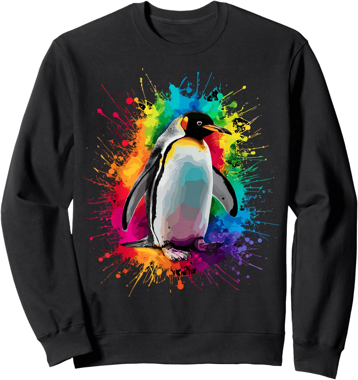 Colorful Paint Splash Penguin Animal Art Graphic Sweatshirt - Sweatshirt | Black