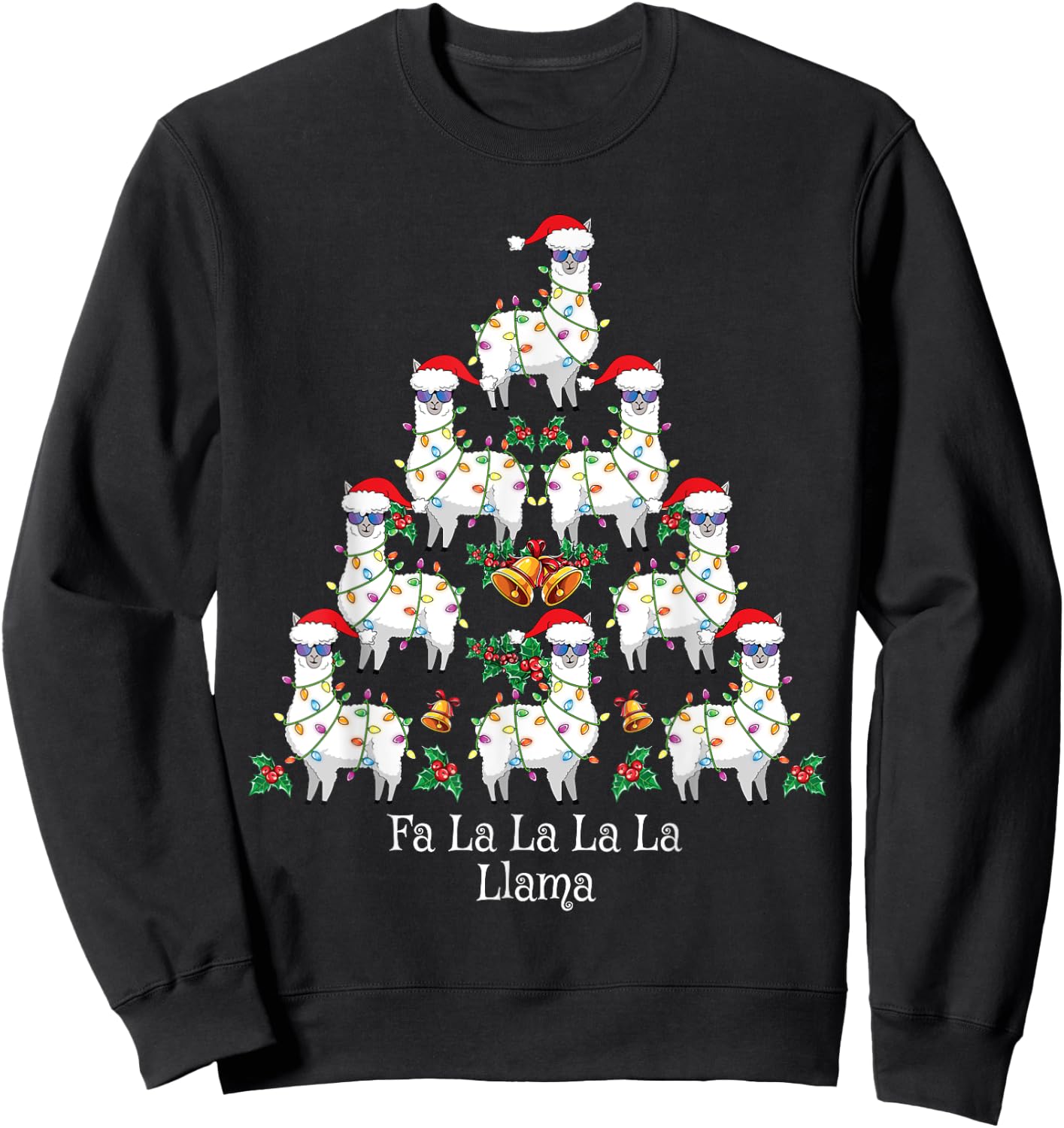 Fa La La Llama Kids Funny Christmas Tree Lights Llama Xmas Sweatshirt - Sweatshirt | Black