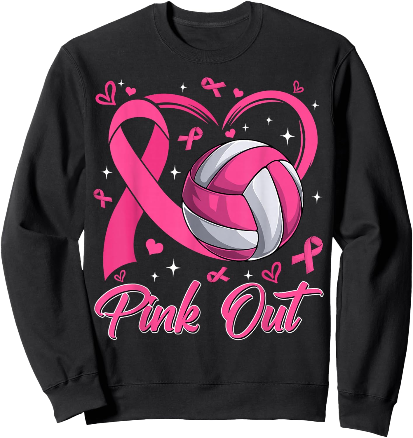 Pink Out Breast Cancer Awareness Day Volleyball Pink Ribbon Sweatshirt - Sweatshirt | Black