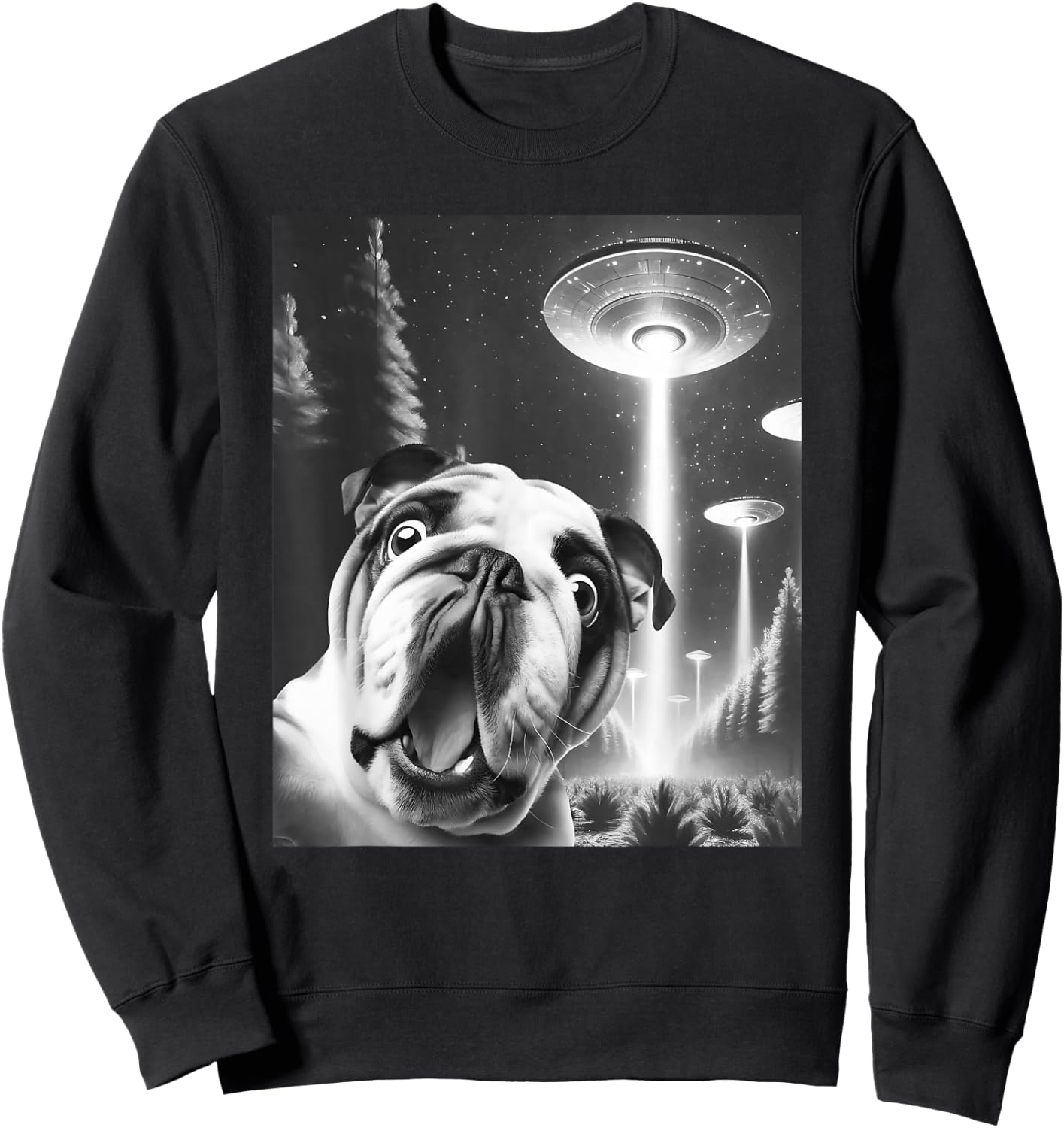 Funny English Bulldog Alien UFO Taking a Selfie Dog Mom Dad Sweatshirt - Sweatshirt | Black