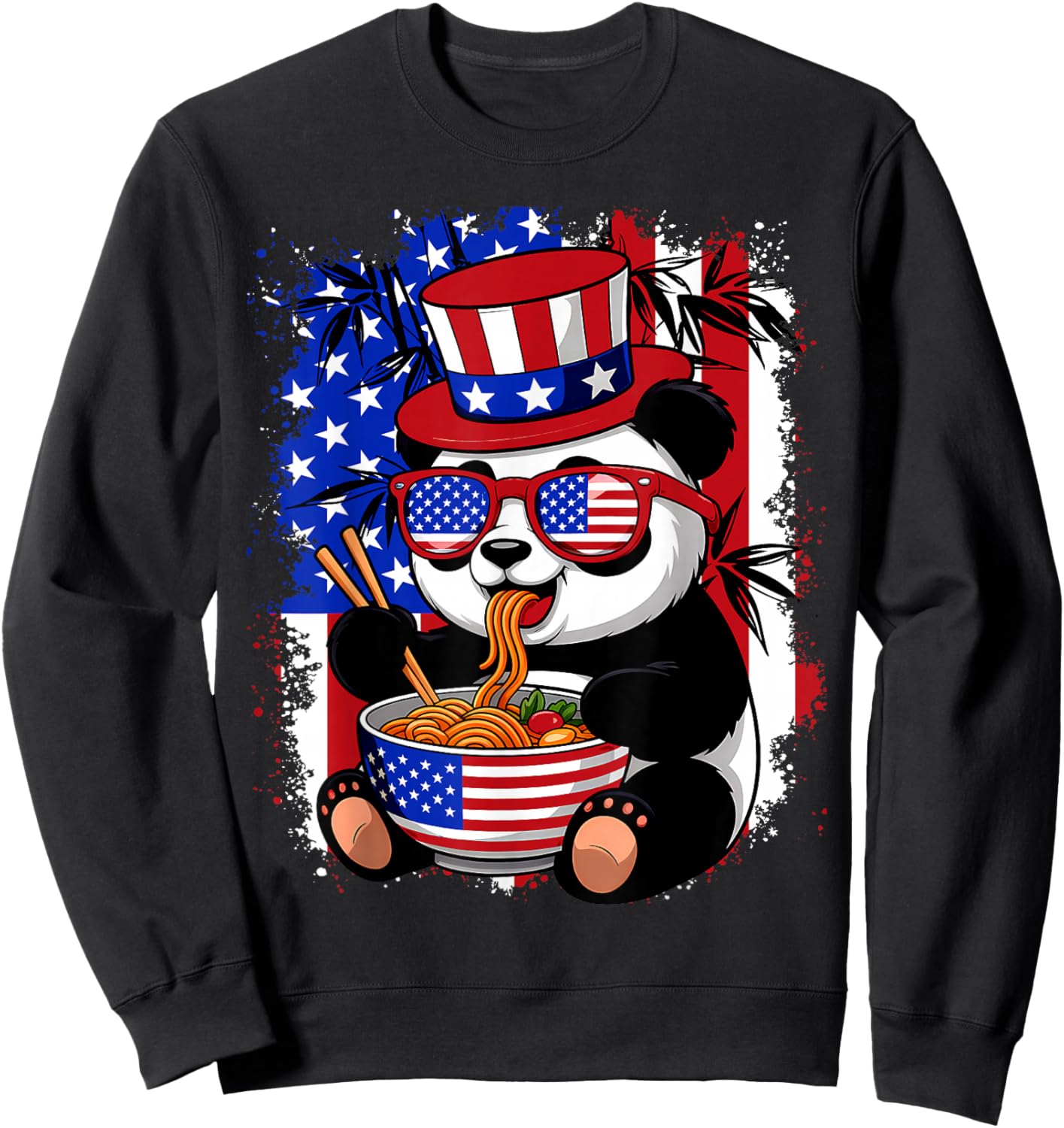 Panda Kawaii Ramen Noodles Anime American Flag 4th Of July Sweatshirt - Sweatshirt | Black