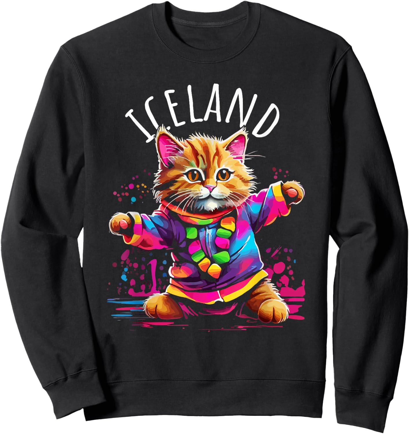Iceland Quirky Funny Cute Colorful Dancing Cat Design Sweatshirt - Sweatshirt | Black