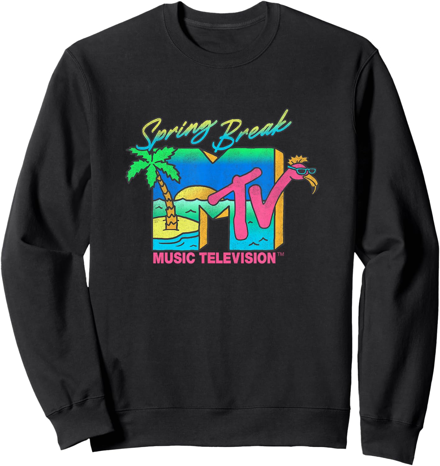 MTV Retro Spring Break Neon Flamingo Party Island Logo Sweatshirt - Sweatshirt | Black