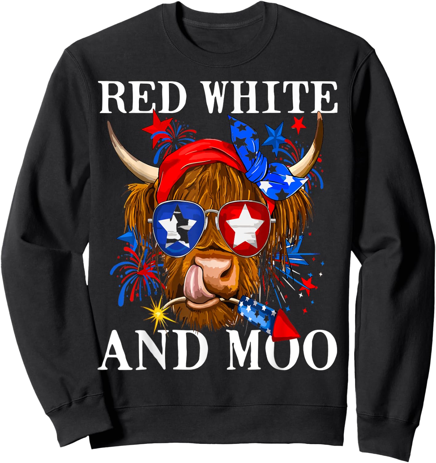 Red White and Moo Patriotic Cow USA Flag Funny 4th of July Sweatshirt - Sweatshirt | Black