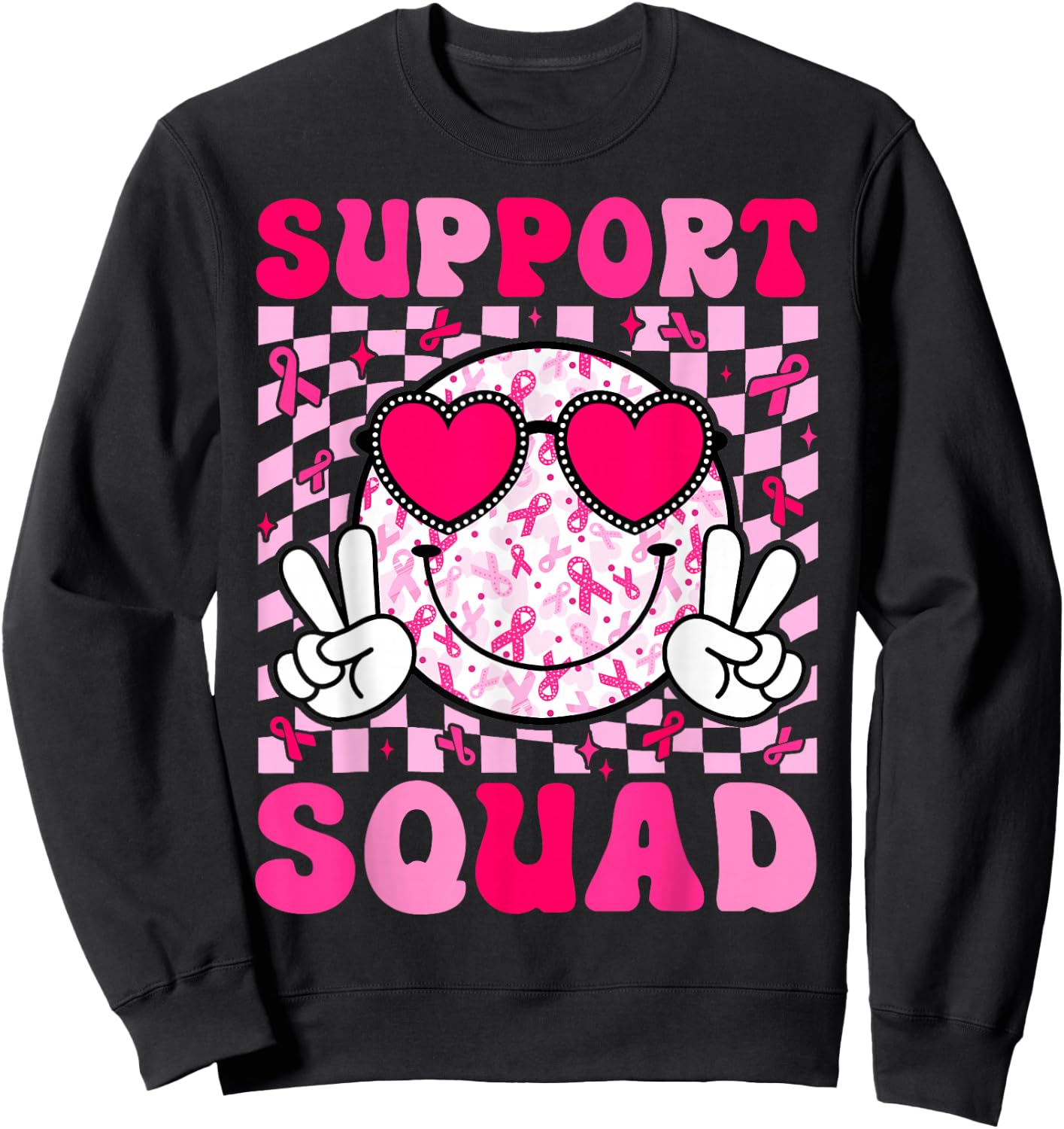 Support Squad Breast Cancer Awareness Pink Ribbon Smile Face Sweatshirt - Sweatshirt | Black