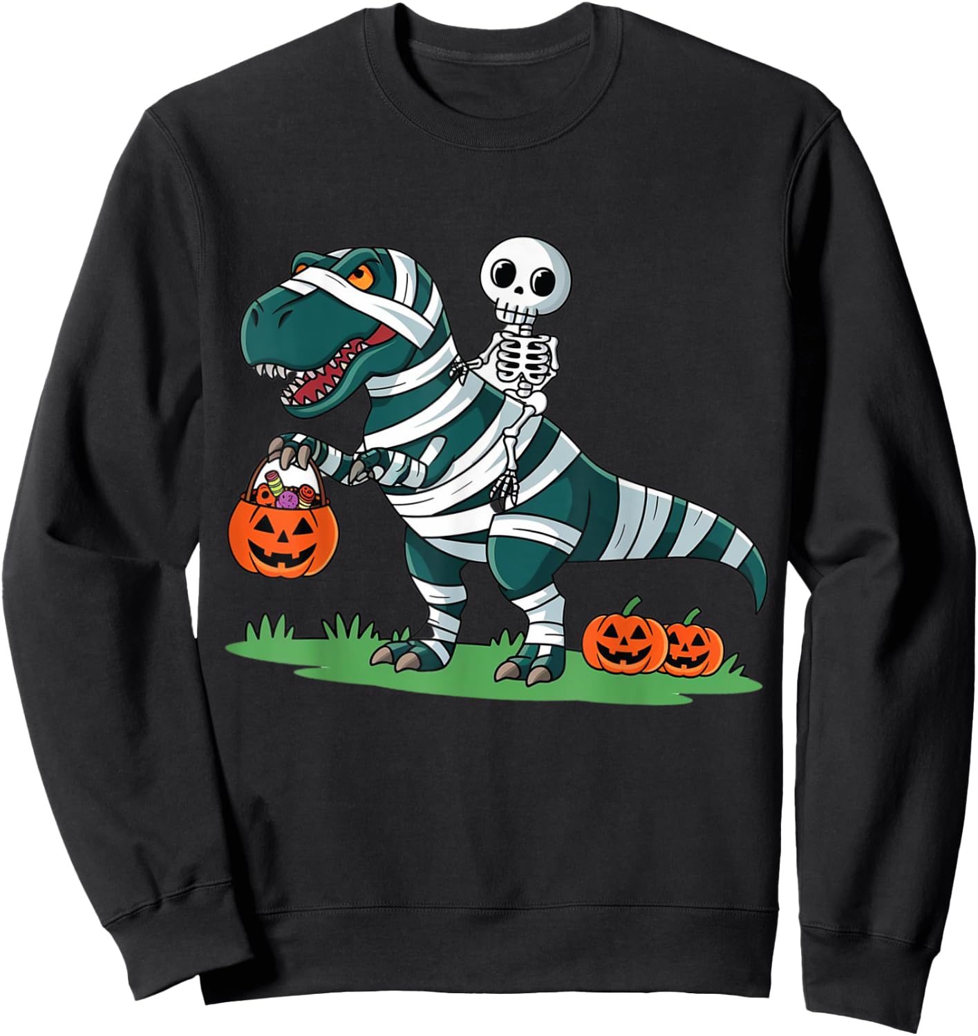 Skeleton Riding Mummy Dinosaur T rex Halloween Funny Pumpkin Sweatshirt - Sweatshirt | Black