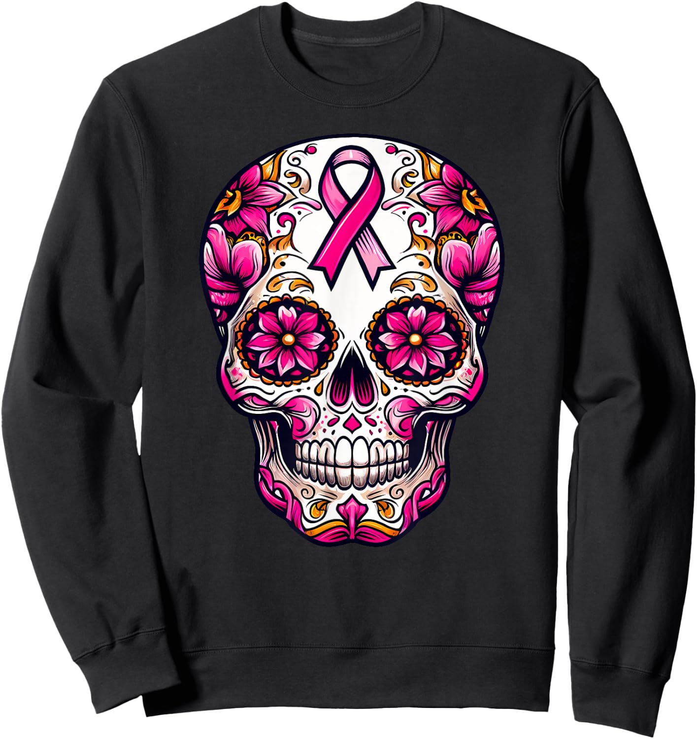 Sugar Skull Pink Ribbon Calavera Breast Cancer Awareness Sweatshirt - Sweatshirt | Black