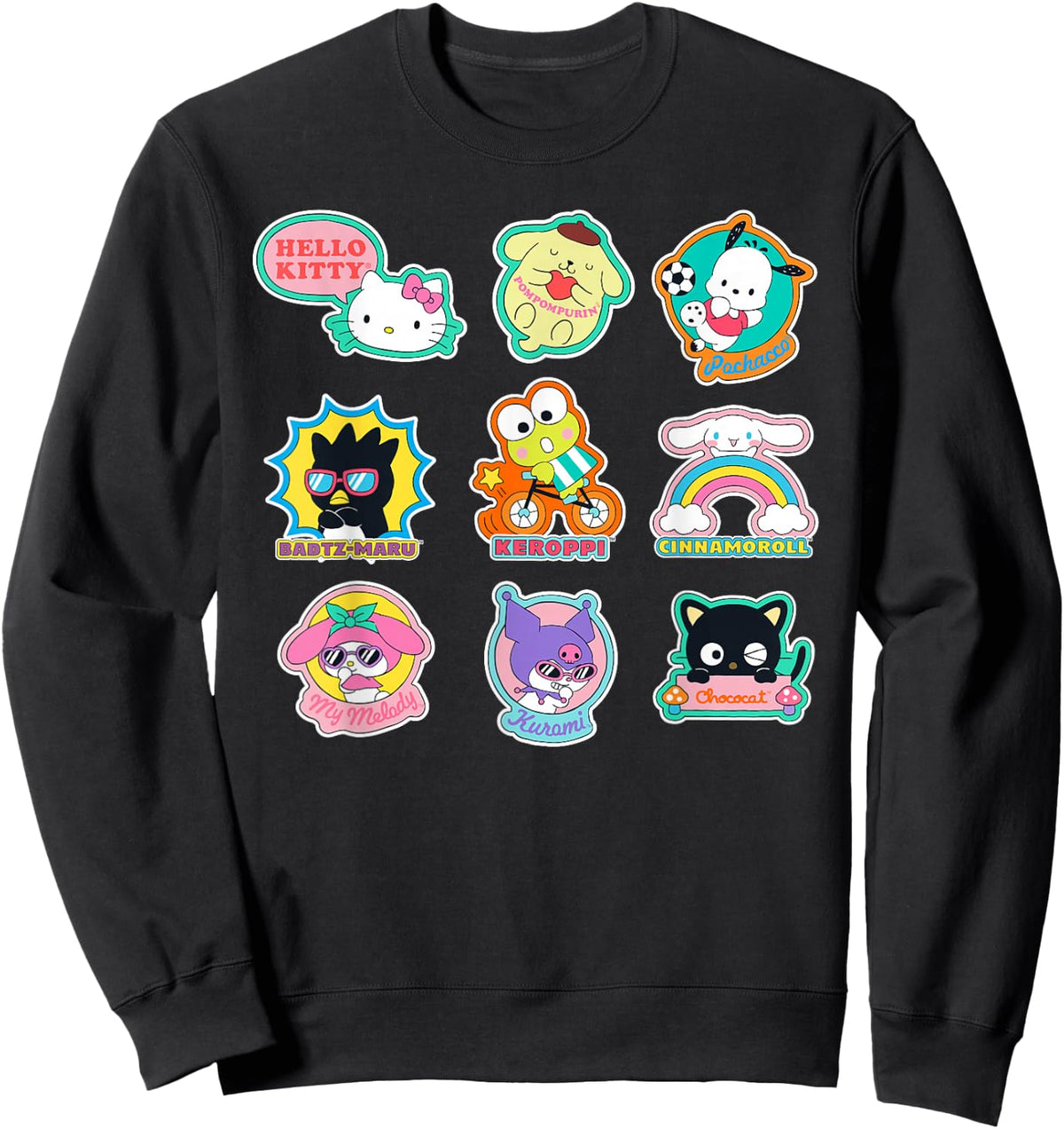 SANRIO Hello Kitty and Friends Supercute Stickers Adult Child Black Small Classic Fit Short Sleeve Cotton 60% Polyester 40% Sweatshirt - Sweatshirt | Black