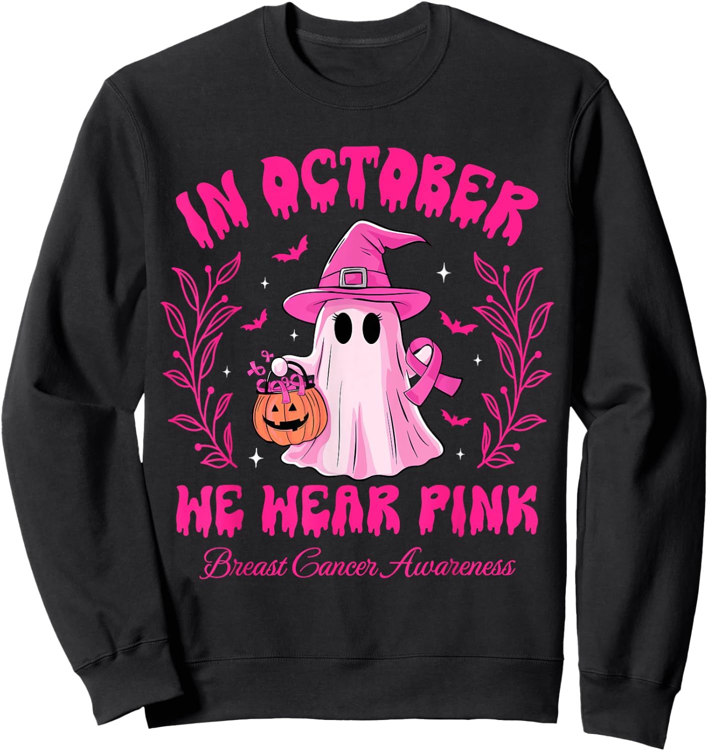 In October We Wear Pink Breast Cancer Awareness Halloween Sweatshirt - Sweatshirt | Black