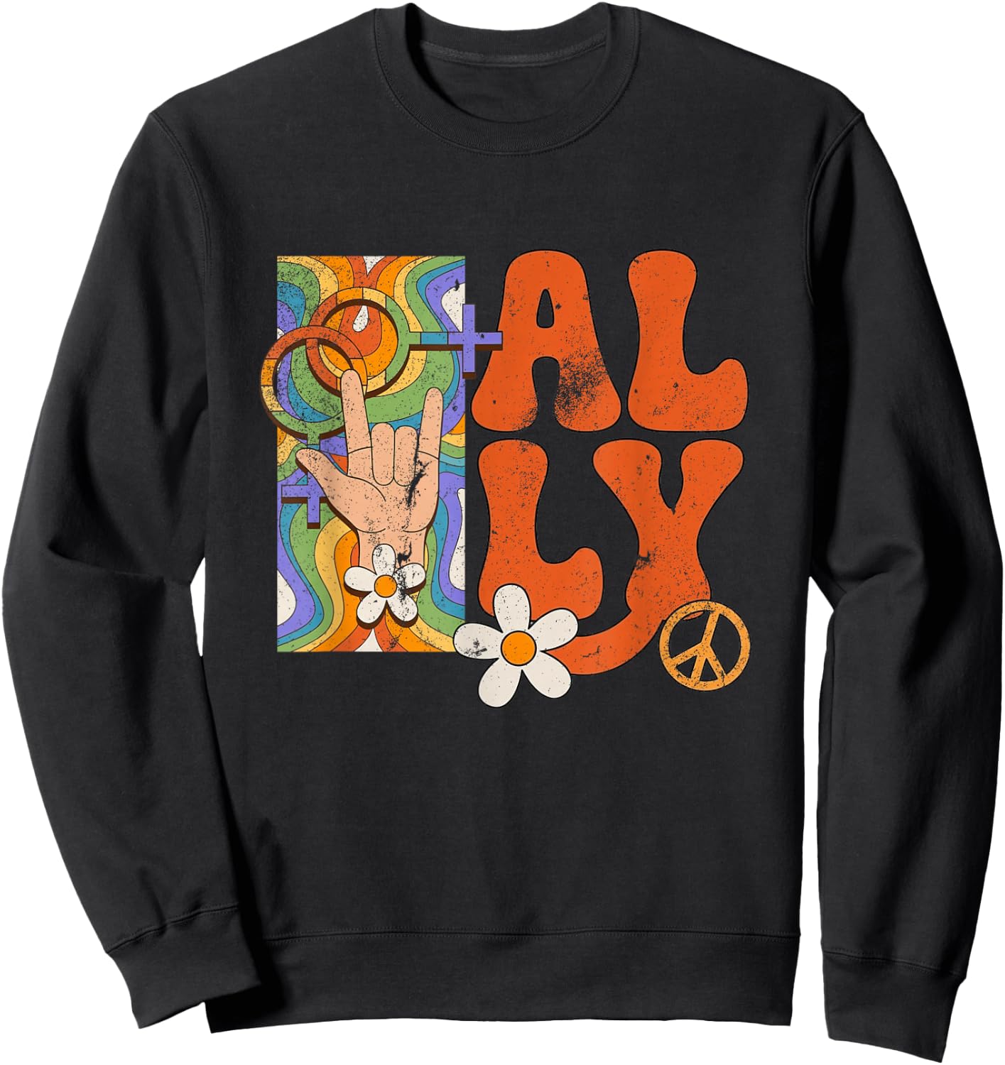 Retro LGBTQ Ally Pride Month Rainbow Proud Ally Women Girls Sweatshirt - Sweatshirt | Black