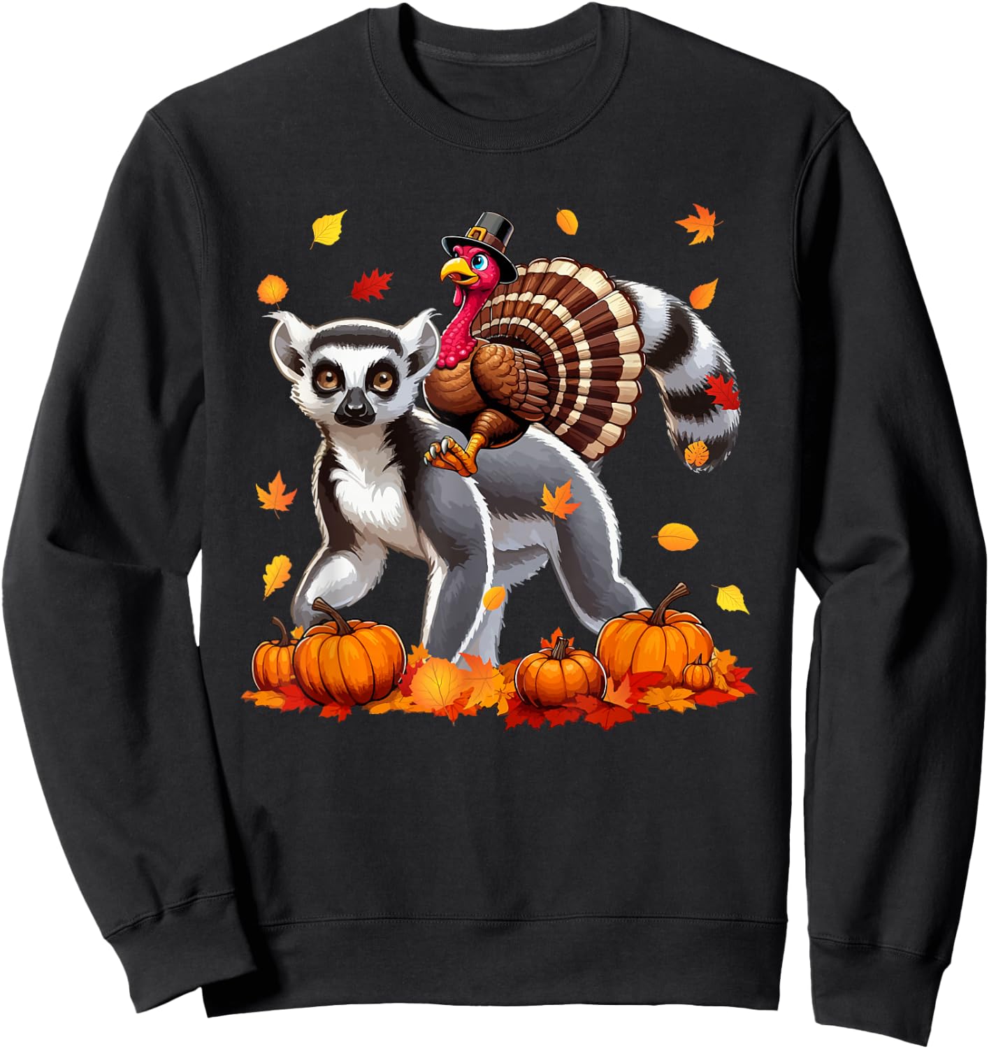 Turkey Riding Lemur Thanksgiving Fall Leaves Pumpkins Sweatshirt - Sweatshirt | Black