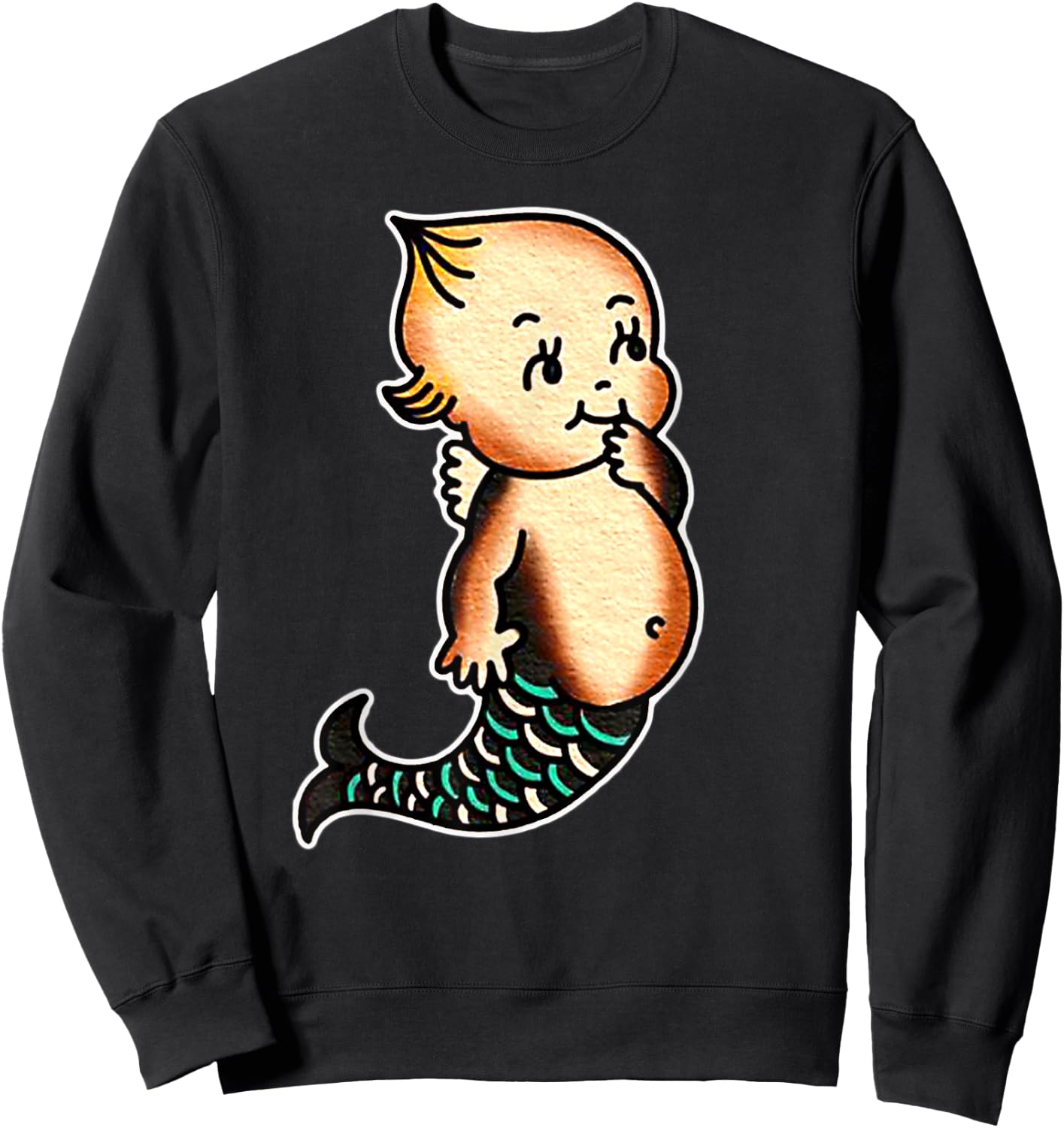 Kewpie Baby Mermaid Traditional Tattoo Flash Sweatshirt - Sweatshirt | Black